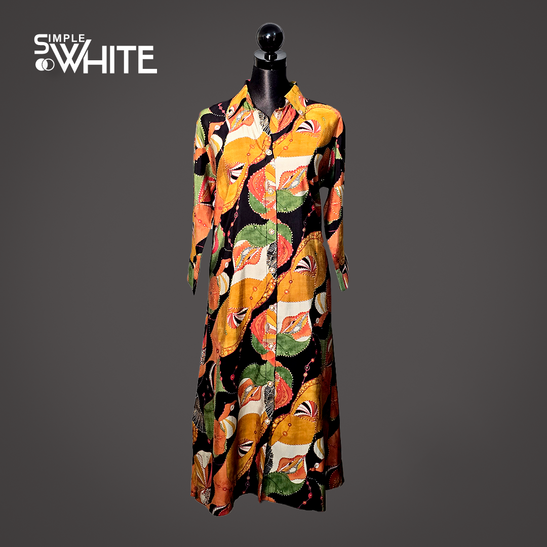 Vibrant Multicolor Printed Long Shirt Dress for Women – Casual Button-Down by Simple White