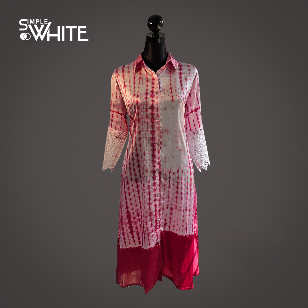 Elegant Red and White Tie-Dye Satin Dress with Lace Sleeves – Stylish Long Shirt by Simple White