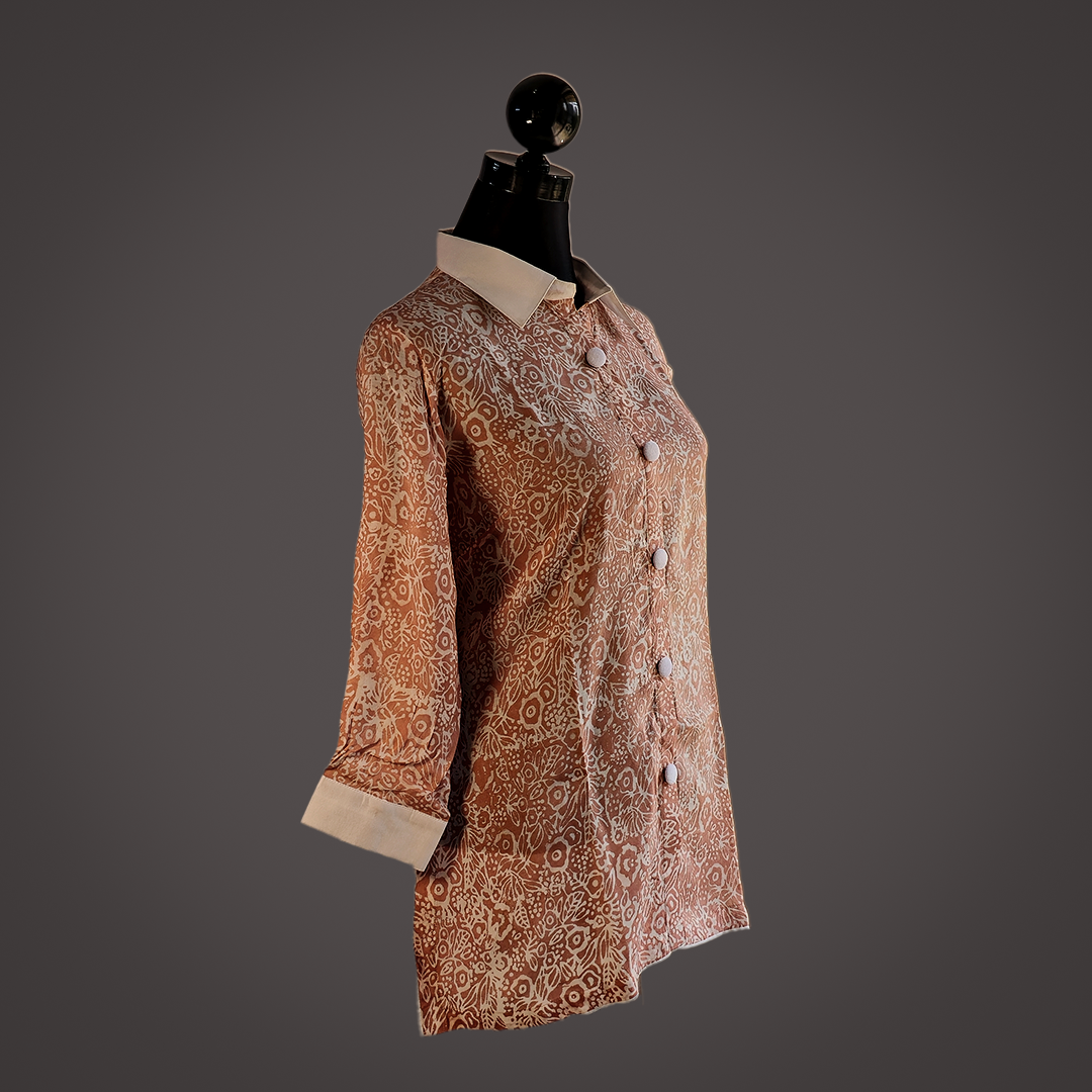 Elegant Brown Printed Satin Long Shirt with White Collar and Cuffs – Stylish Button-Down Top by Simple White_img_1