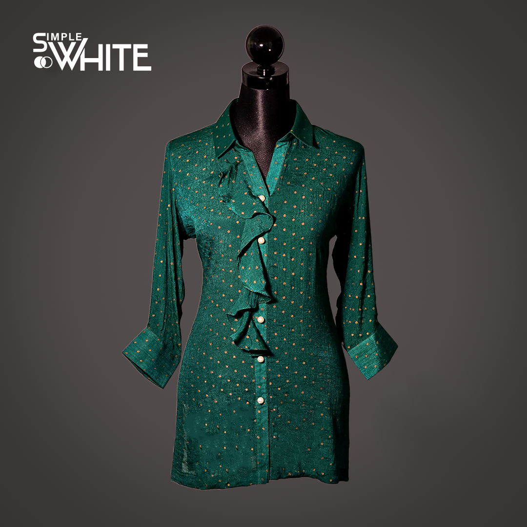 Elegant Green Ruffled Shirt Dress with Gold Dot Pattern – Stylish 3/4 Sleeve Tunic by Simple White