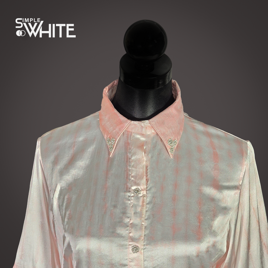 Elegant Peach Satin Long Shirt with Lace Sleeves – Button-Down Shirt Dress for Women by Simple White_img_2