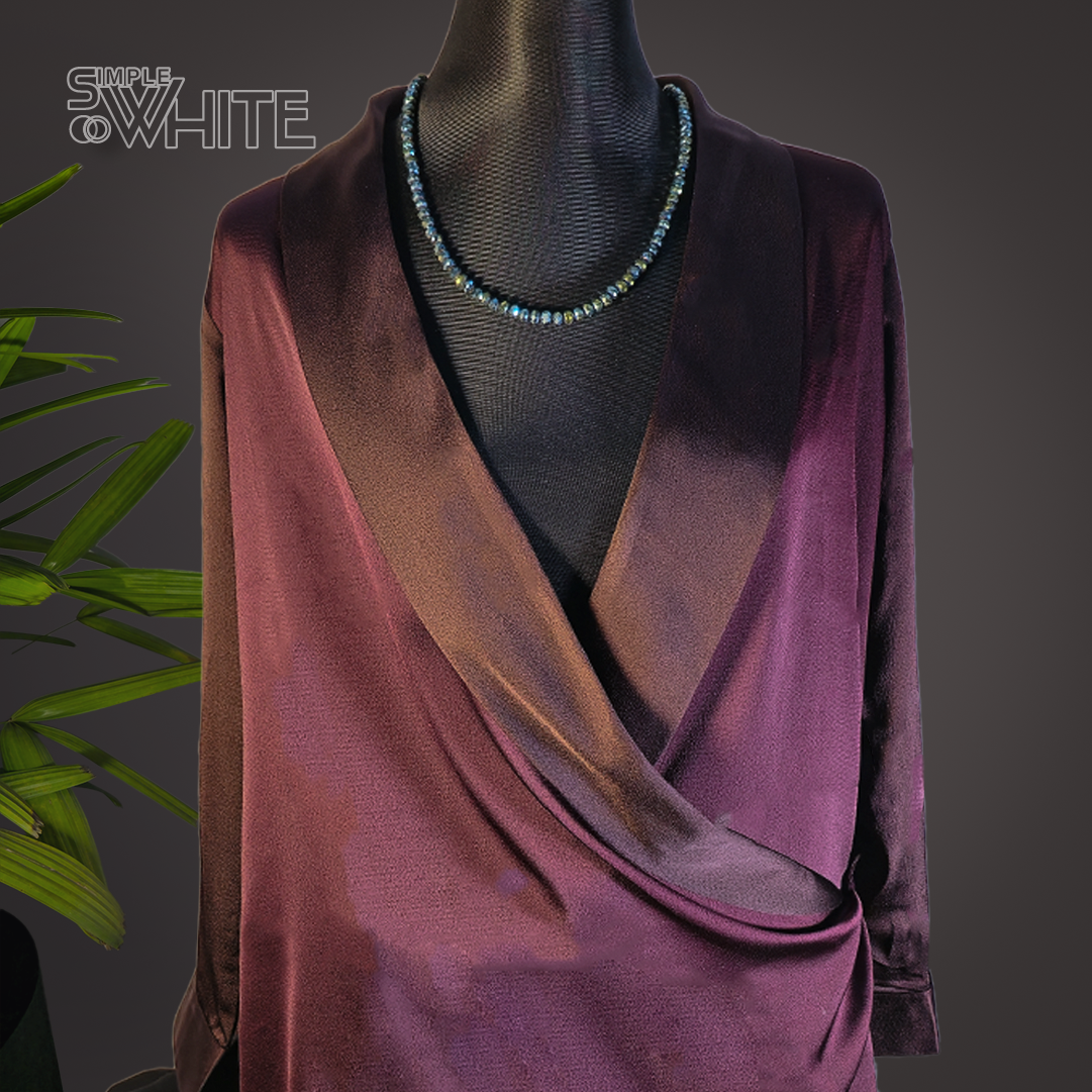 Elegant Deep Burgundy Satin Wrap Top with Beaded Necklace – Chic Long Sleeve Evening Wear by Simple White