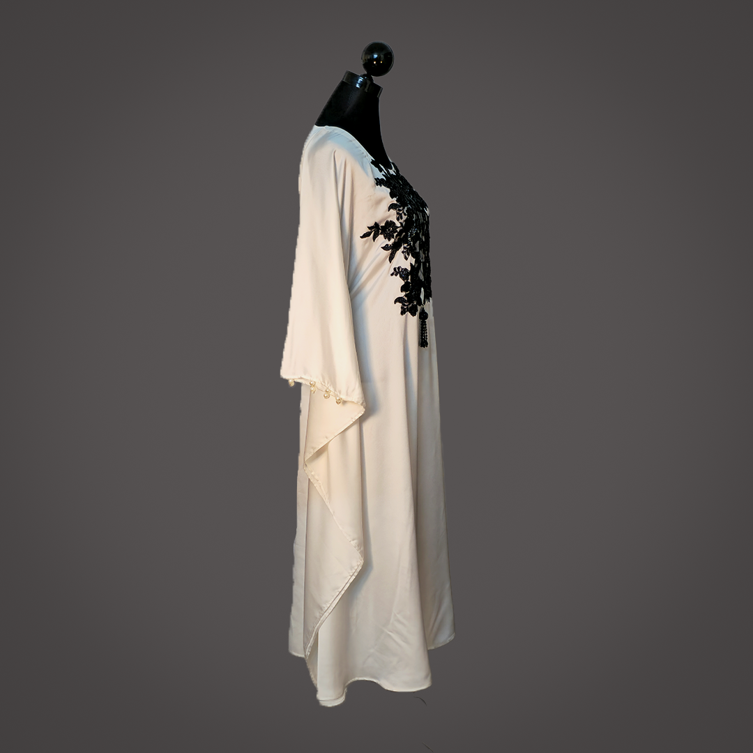 Elegant White Maxi Dress with Black Floral Embroidery – Stylish Long Sleeve Gown by Simple White_img_3
