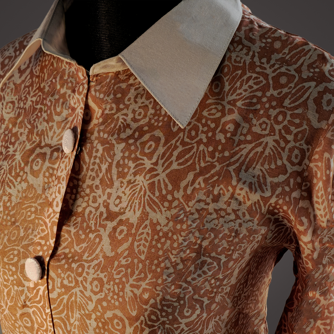 Elegant Brown Printed Satin Long Shirt with White Collar and Cuffs – Stylish Button-Down Top by Simple White_img_2