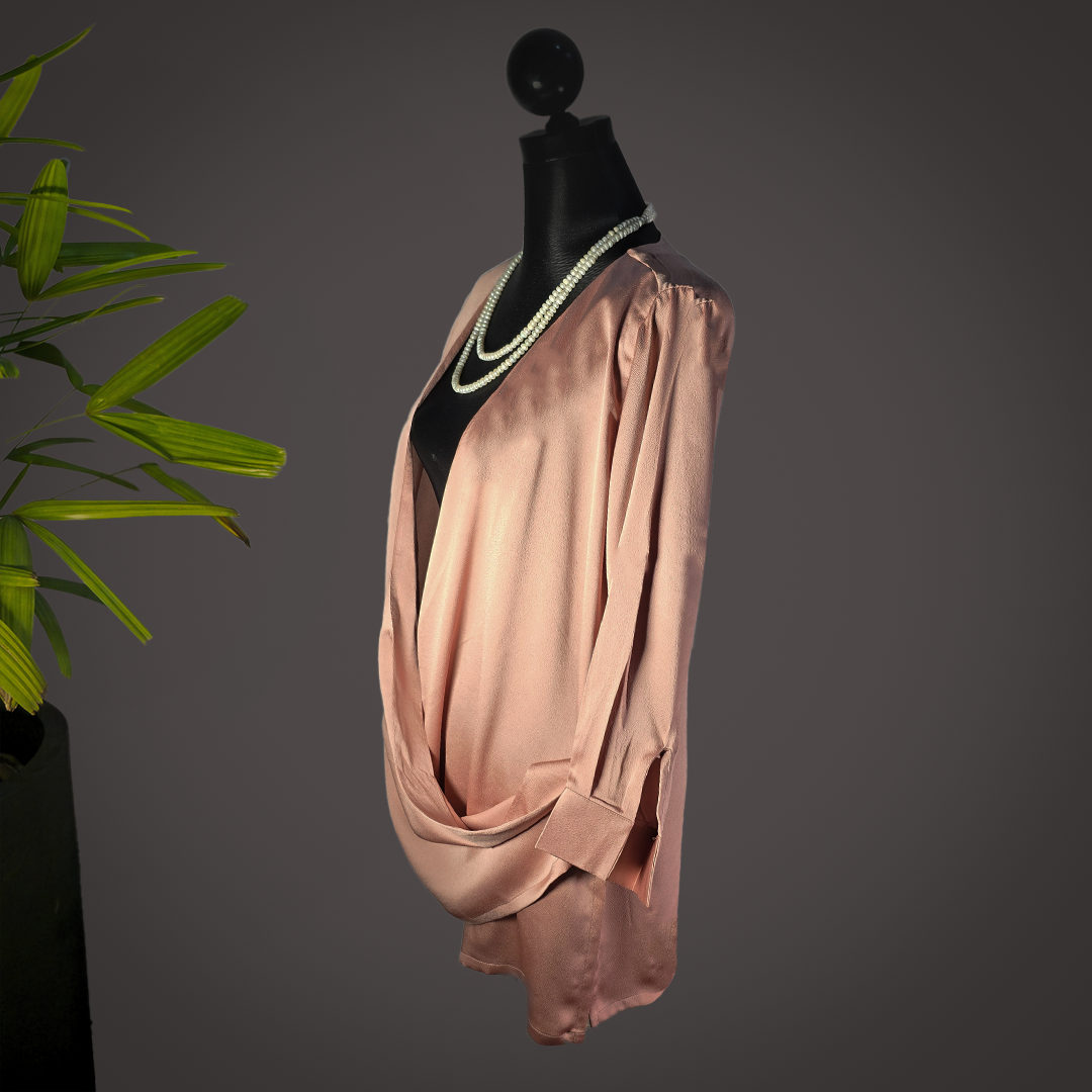 Elegant Pink Draped Satin Blouse for Women – Stylish V-Neck Long Sleeve Top by Simple White_img_1