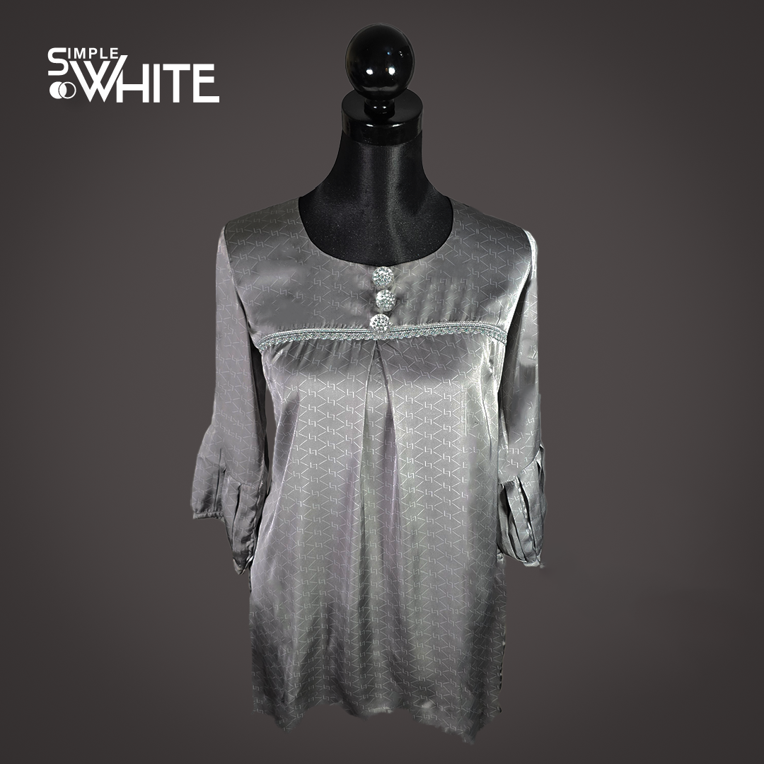 Elegant Grey Satin Top for Women – Pleated Front Blouse with Decorative Buttons by Simple White