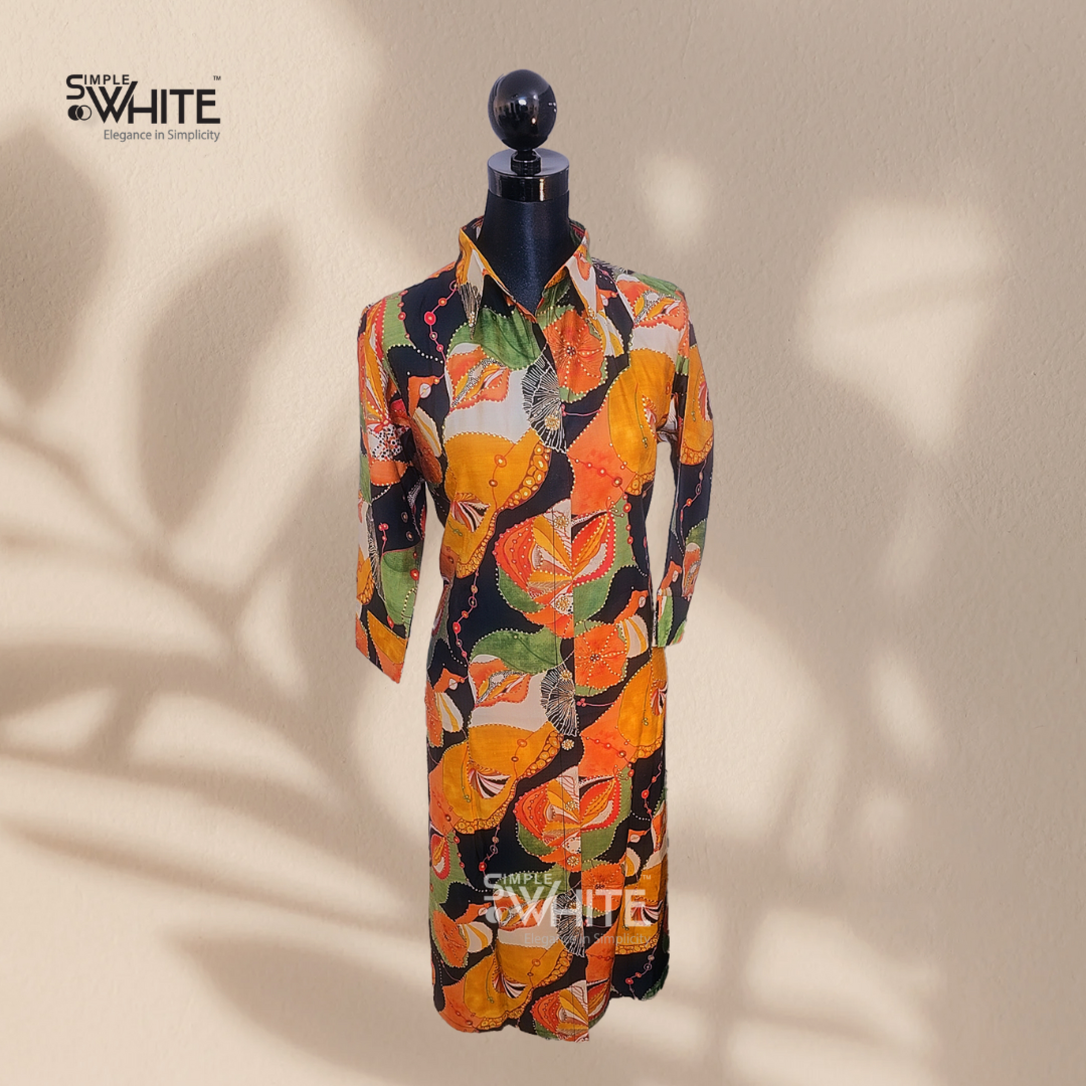 Vibrant Floral Printed Long Shirt with Button-Down Collar – Women’s Casual Shirt by Simple White_img_2