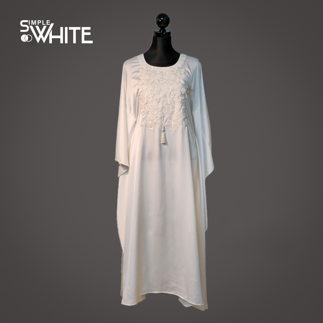 Elegant White Embroidered Long Kaftan with Flowing Sleeves – Stylish Maxi Dress by Simple White