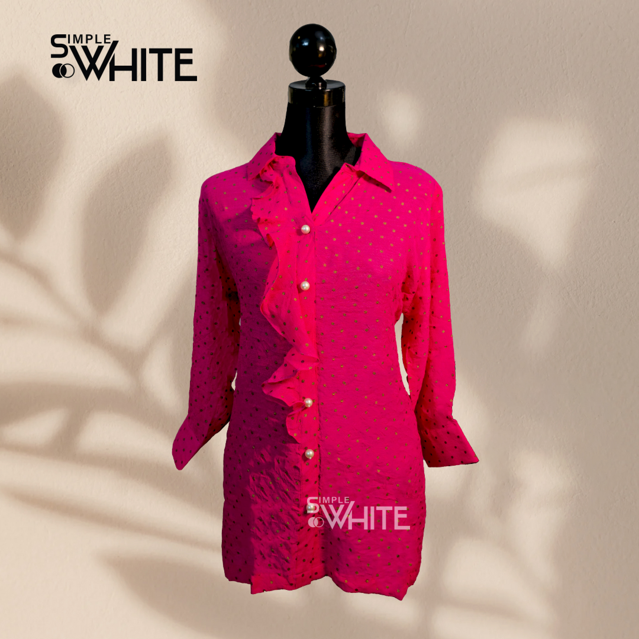 Elegant Pink Ruffled Button-Down Shirt for Women – Stylish Long Sleeve Top by Simple White