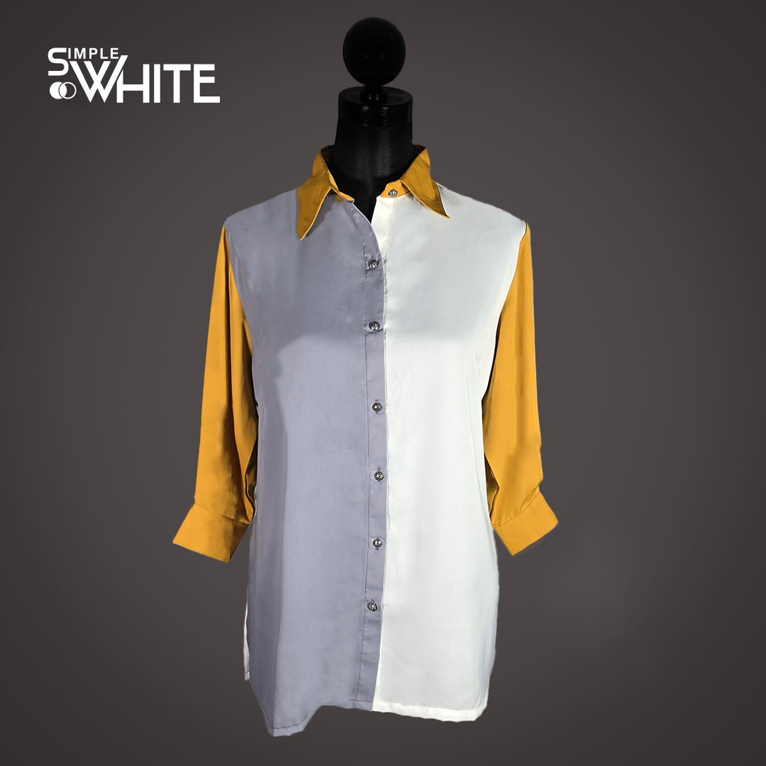 Stylish Color-Block Satin Shirt for Women – Mustard, Grey & White Long Sleeve Shirt by Simple White