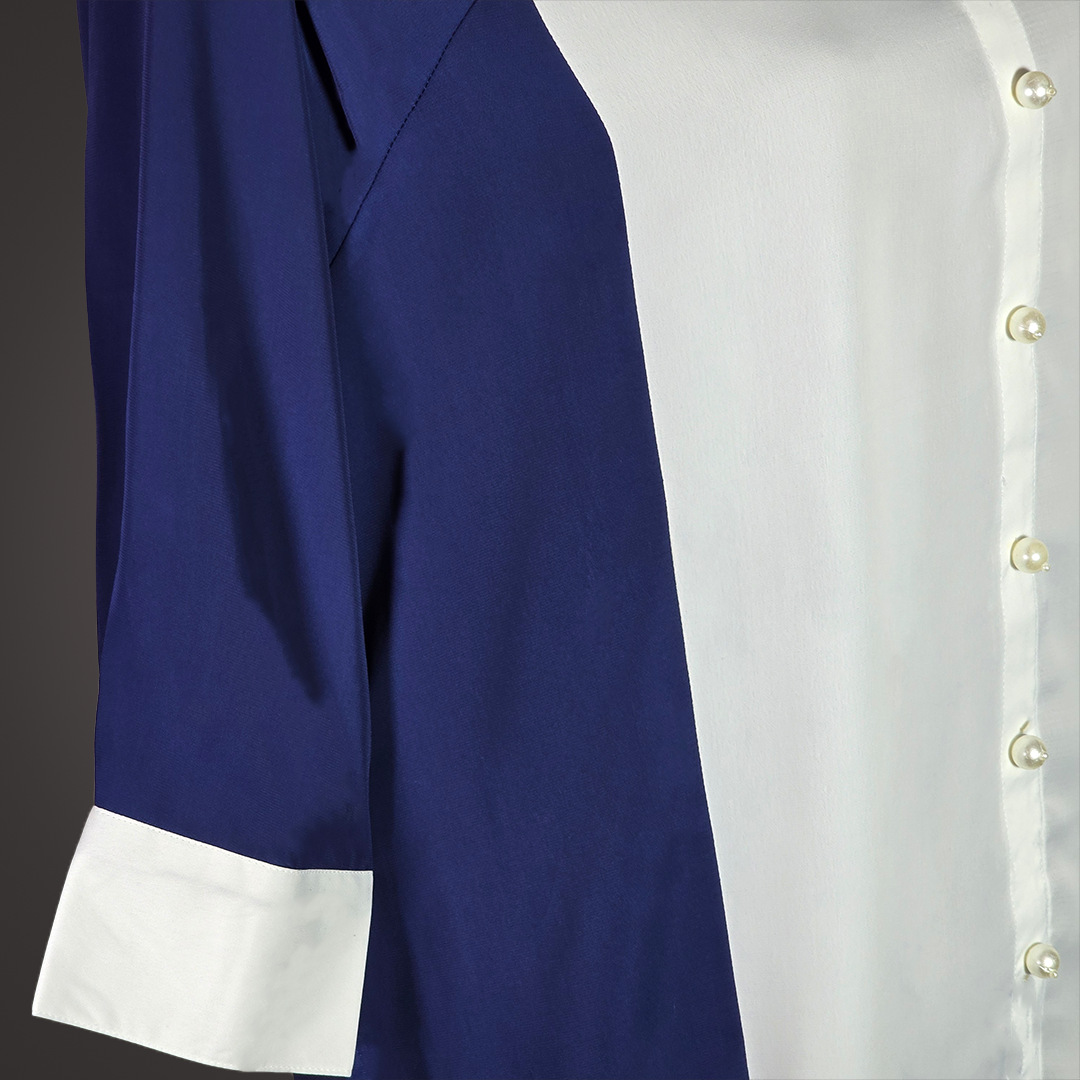 Elegant Navy Blue and White Satin Color-Block Shirt for Women – Button-Down Casual Top by Simple White_img_1