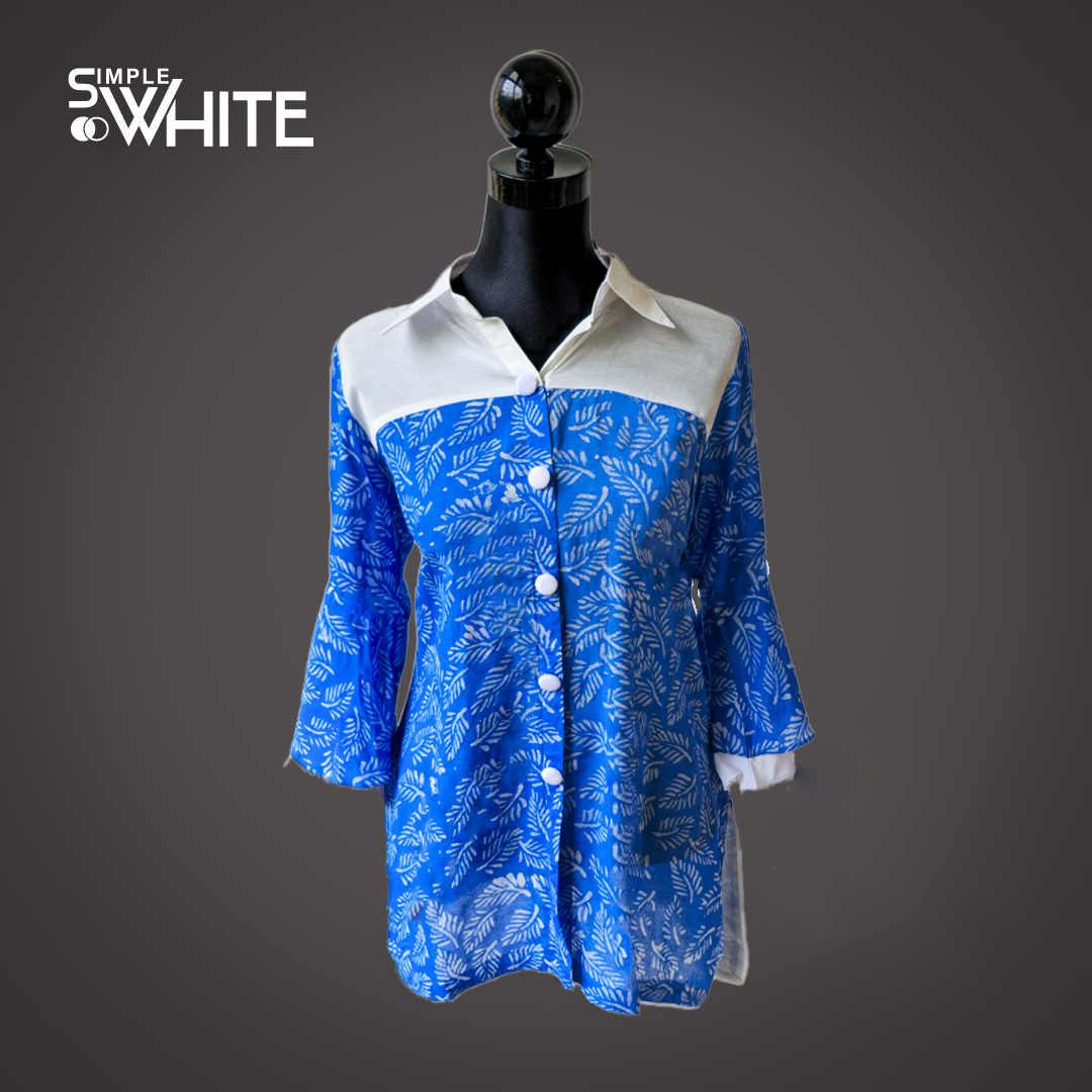Elegant Blue & White Printed Women’s Shirt with Button-Down Front – Casual and Stylish Top by Simple White