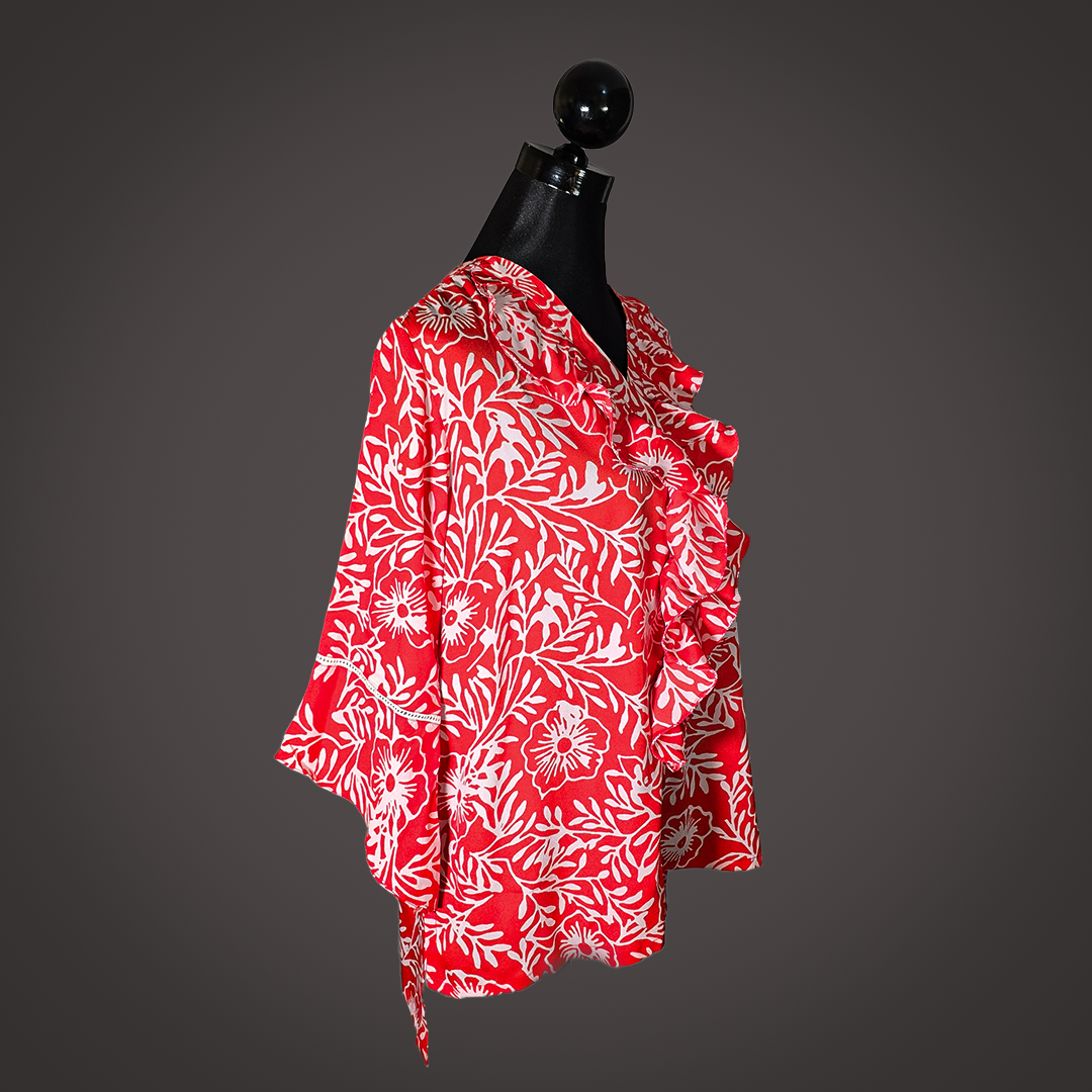 Vibrant Red Floral Ruffled Top for Women – Lightweight Stylish Casual Wear by Simple White_img_1