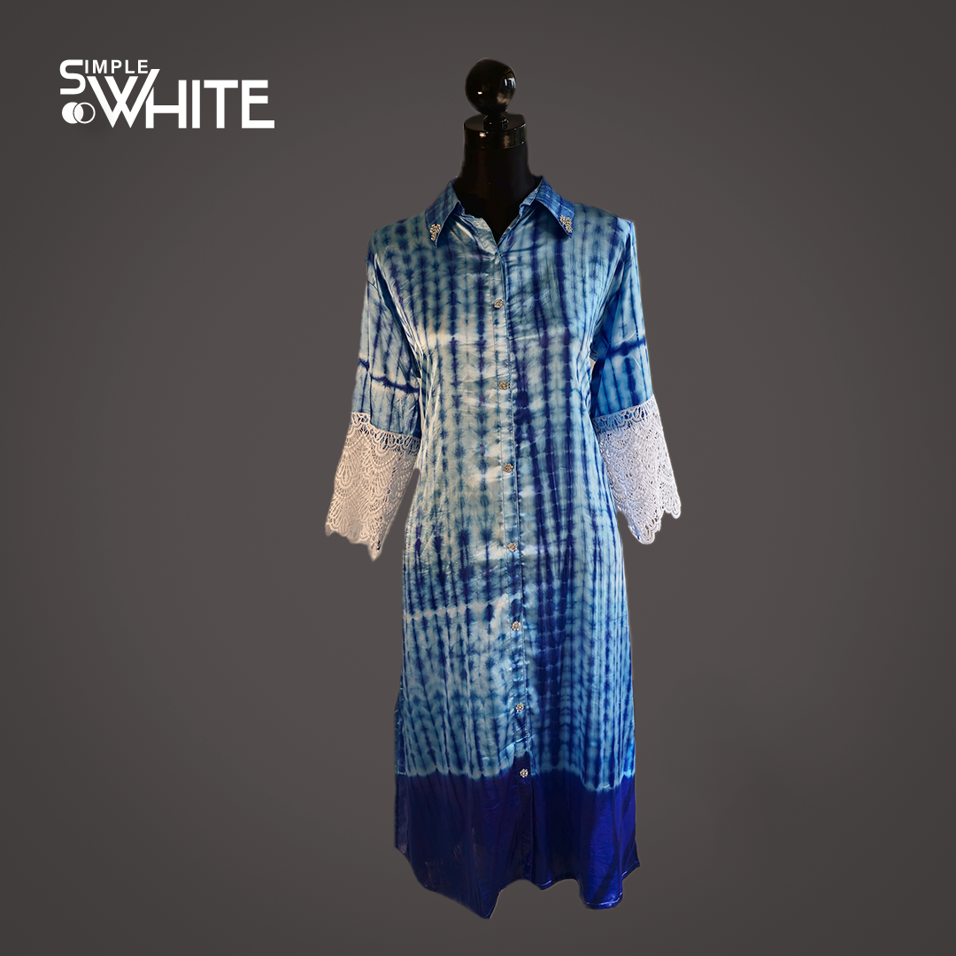 Elegant Blue and White Tie-Dye Satin Dress with Lace Sleeves – Long Shirt by Simple White