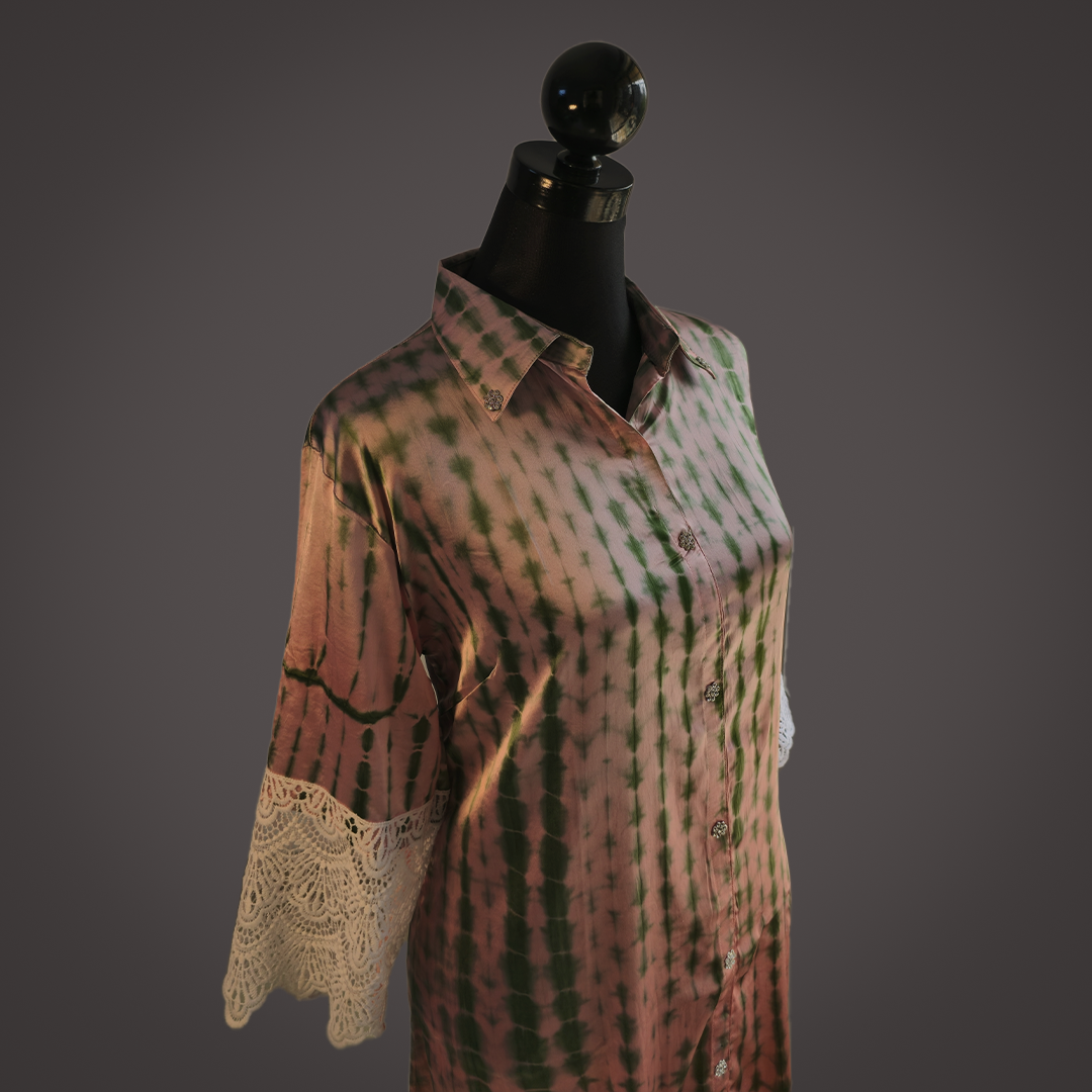 Chic Pink and Green Tie-Dye Satin Long Shirt with Lace Sleeves – Button-Down Shirt Dress by Simple White_img_1