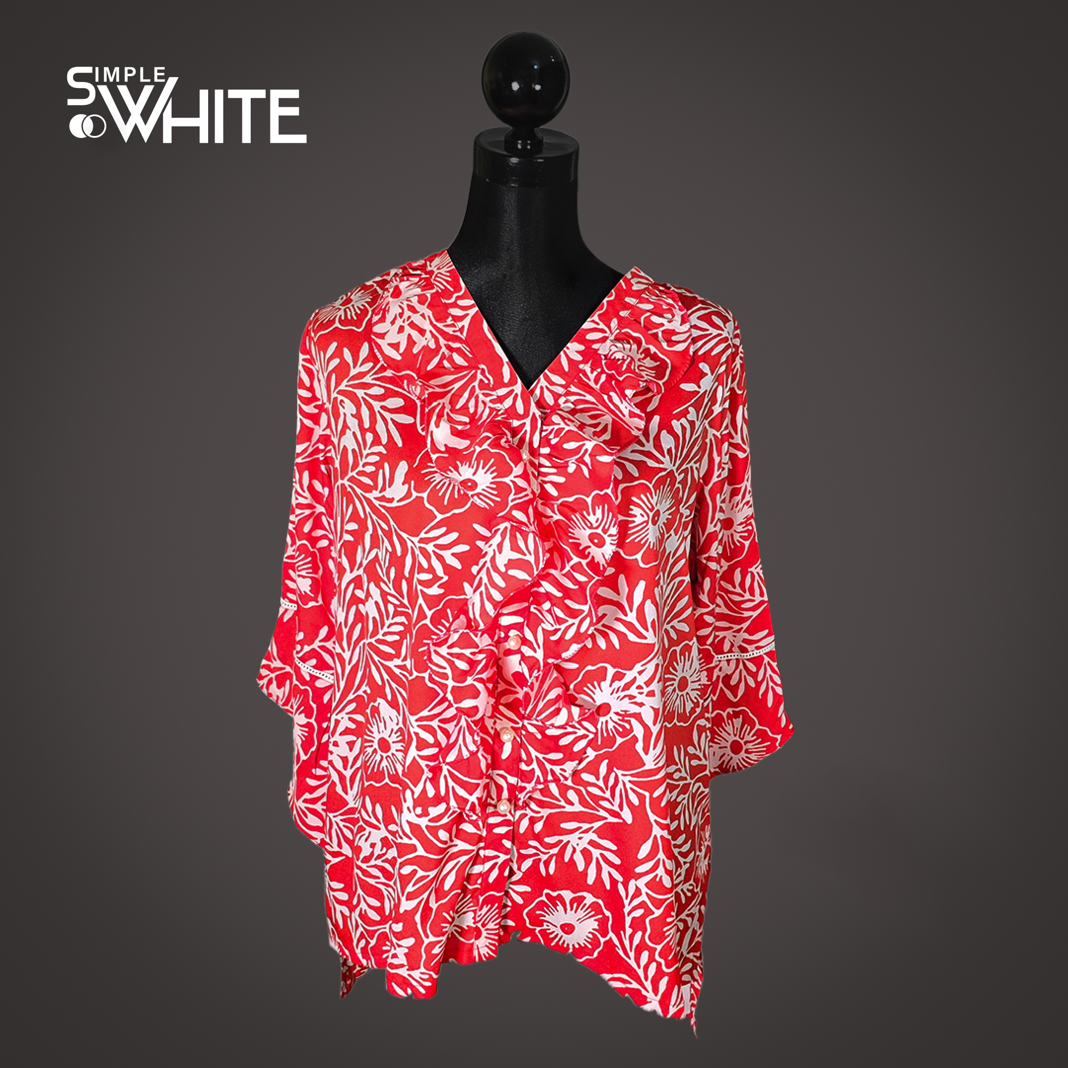 Vibrant Red Floral Ruffled Top for Women – Lightweight Stylish Casual Wear by Simple White