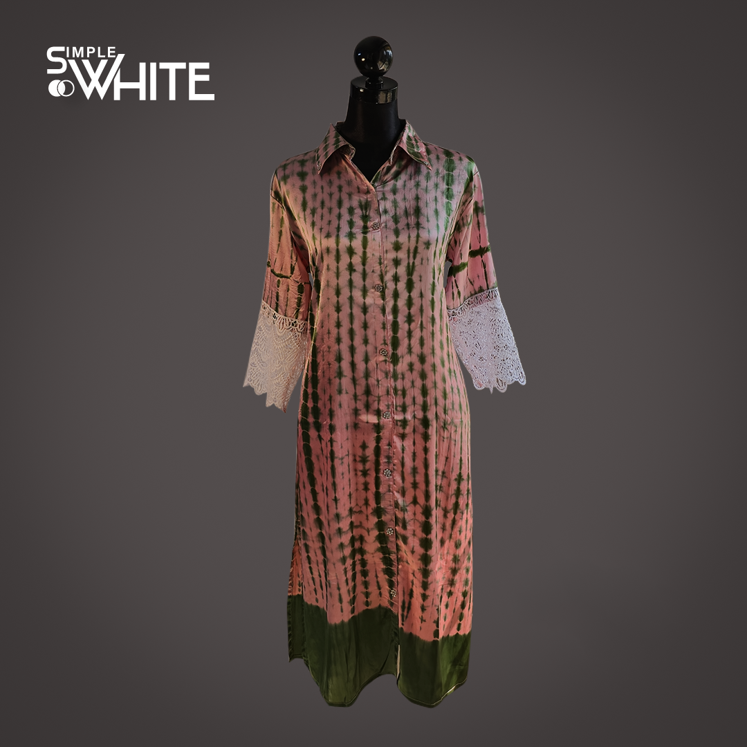 Chic Pink and Green Tie-Dye Satin Long Shirt with Lace Sleeves – Button-Down Shirt Dress by Simple White_img_0