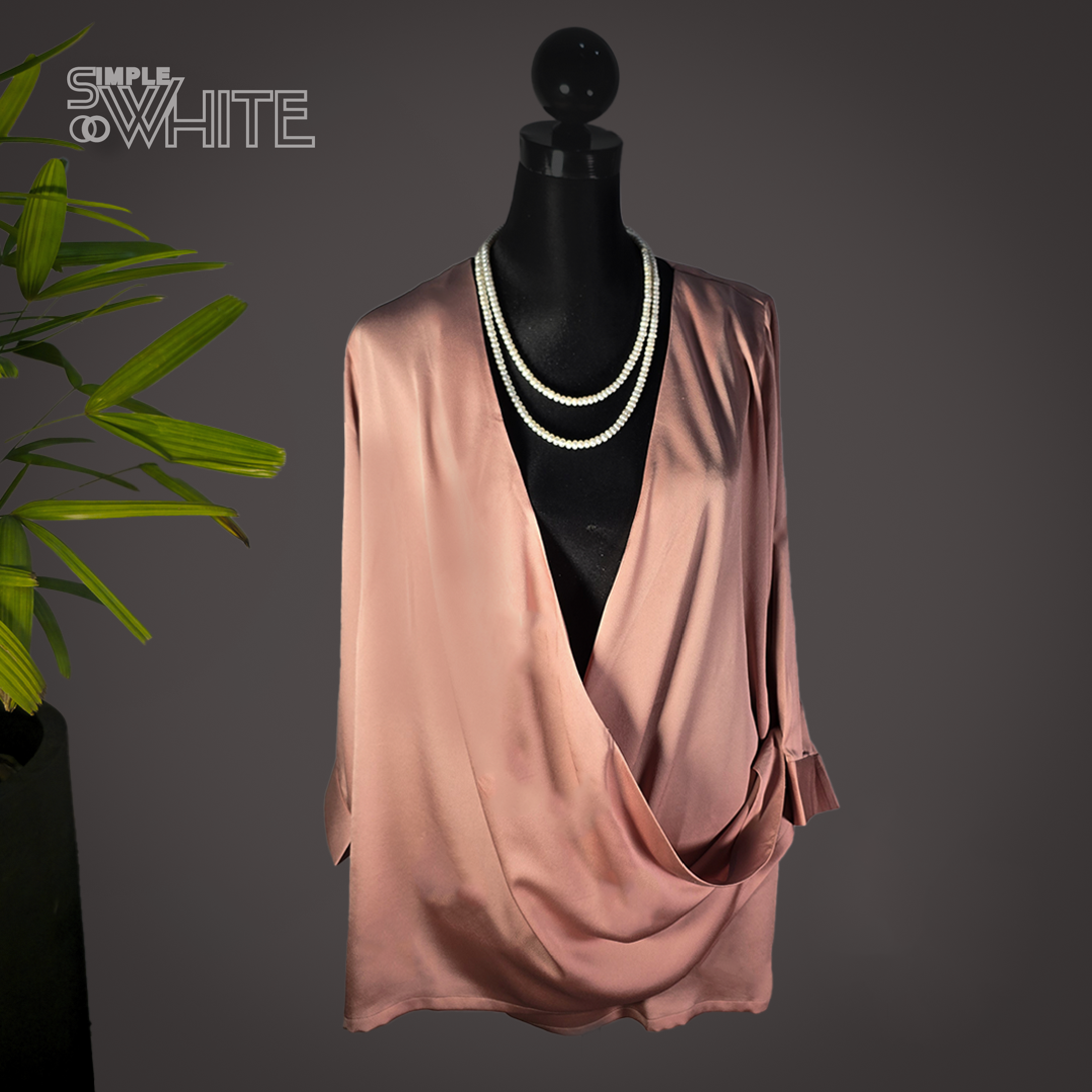 Elegant Pink Draped Satin Blouse for Women – Stylish V-Neck Long Sleeve Top by Simple White