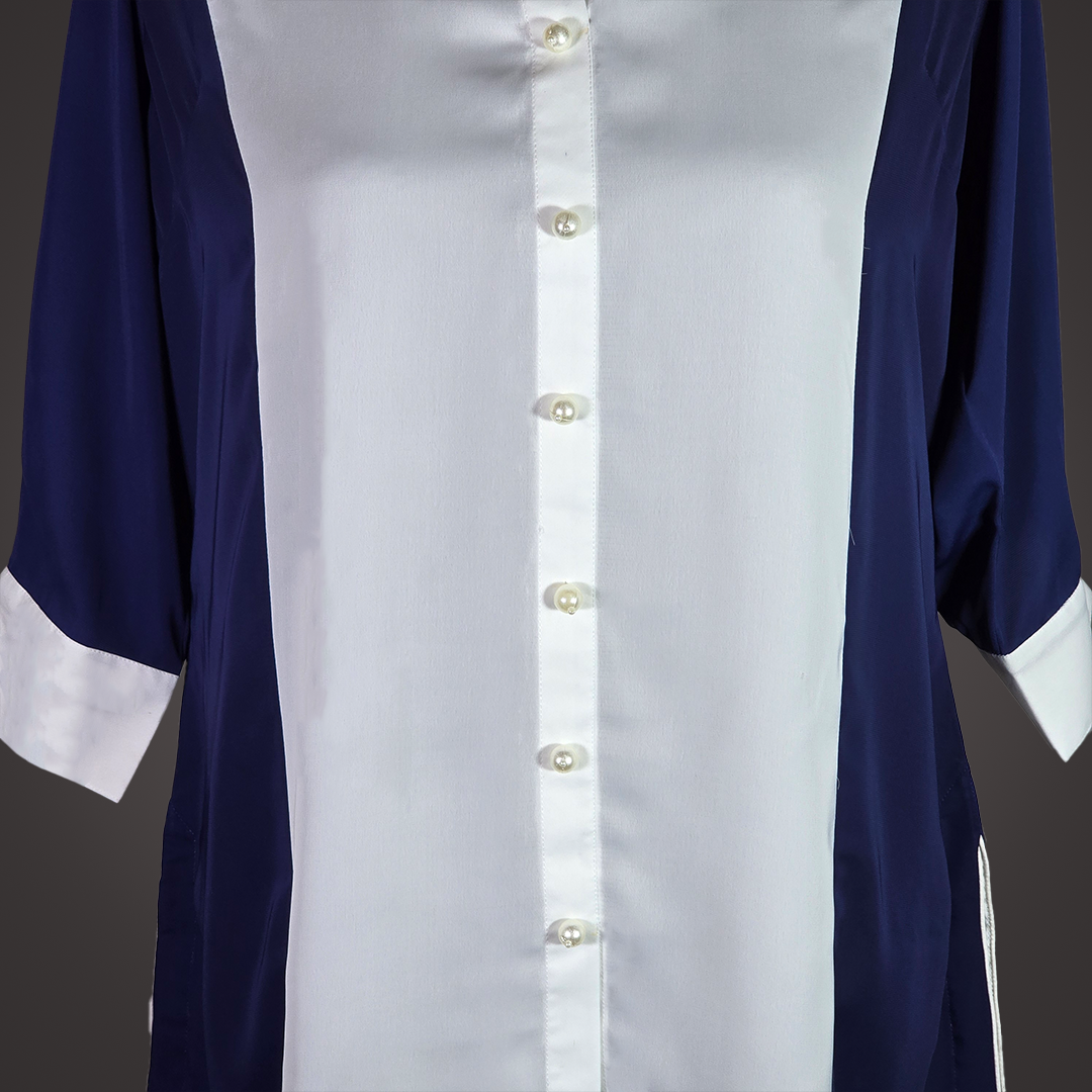 Elegant Navy Blue and White Satin Color-Block Shirt for Women – Button-Down Casual Top by Simple White_img_2