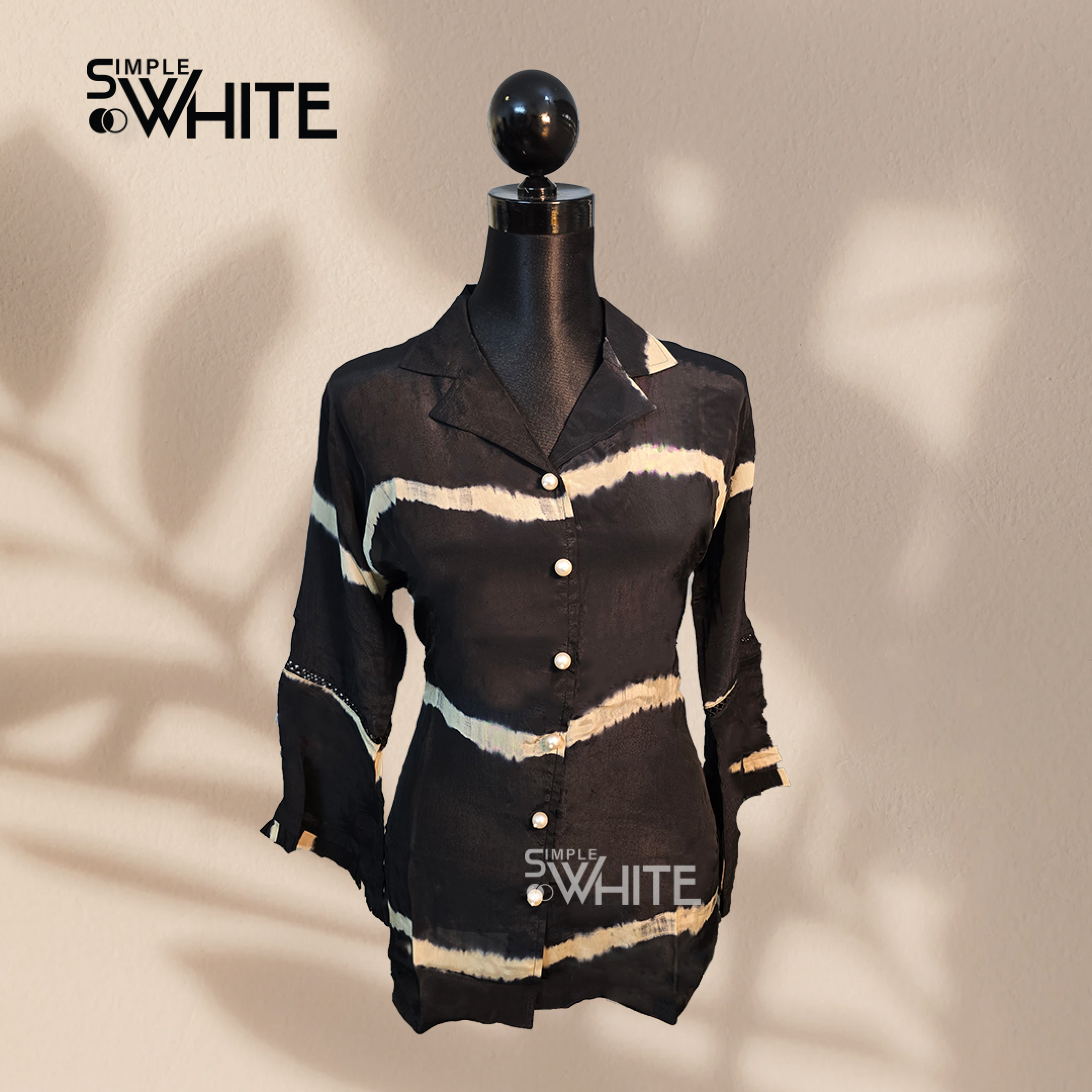 Chic Black and White Tie-Dye Button-Down Shirt for Women – Stylish Casual Top by Simple White