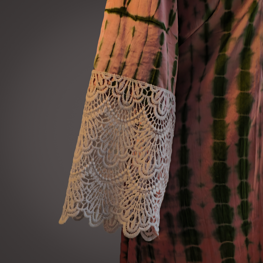 Chic Pink and Green Tie-Dye Satin Long Shirt with Lace Sleeves – Button-Down Shirt Dress by Simple White_img_2