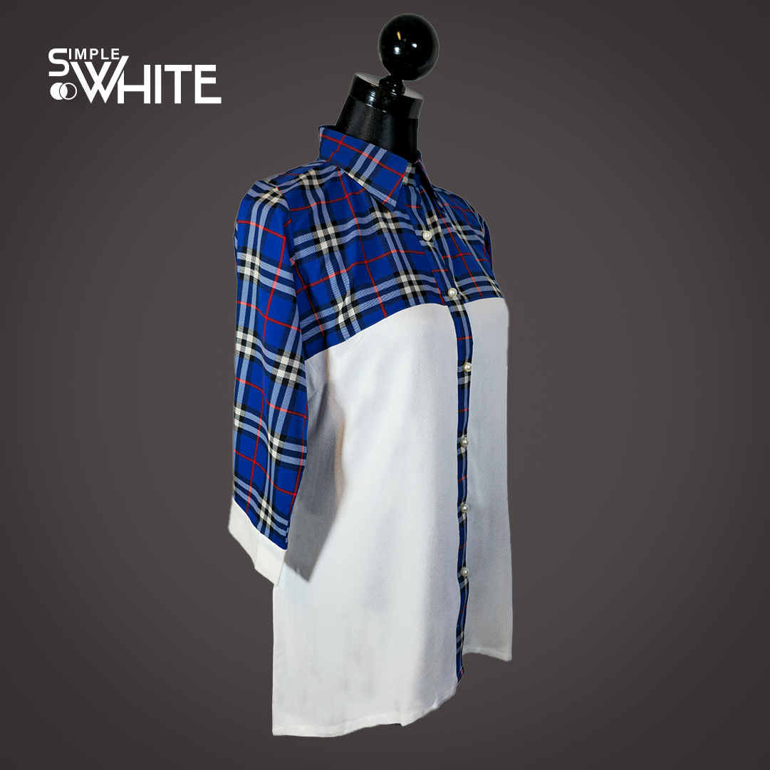 Trendy Blue and White Checked Color-Block Shirt for Women – Casual Button-Down Top by Simple White_img_3
