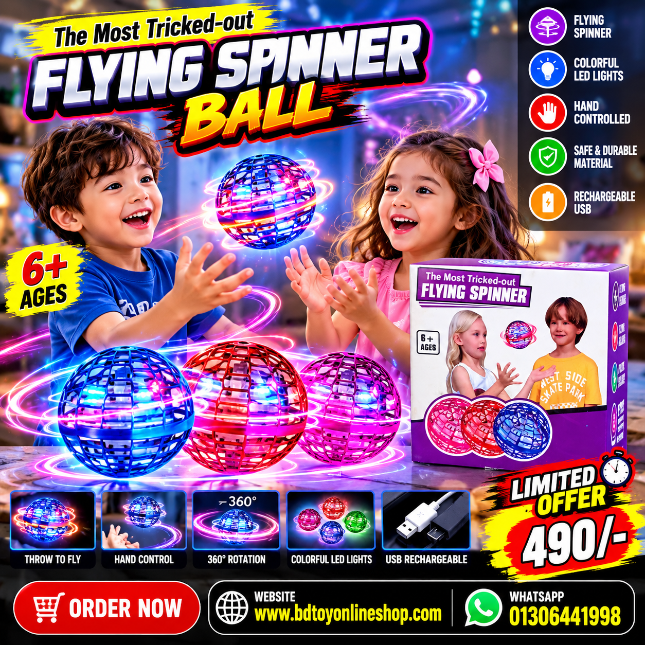 Flying Spinner Ball 🌀✨ | হাত দিয়ে কন্ট্রোল করুন | 360° Rotation | Colorful LED | Rechargeable
