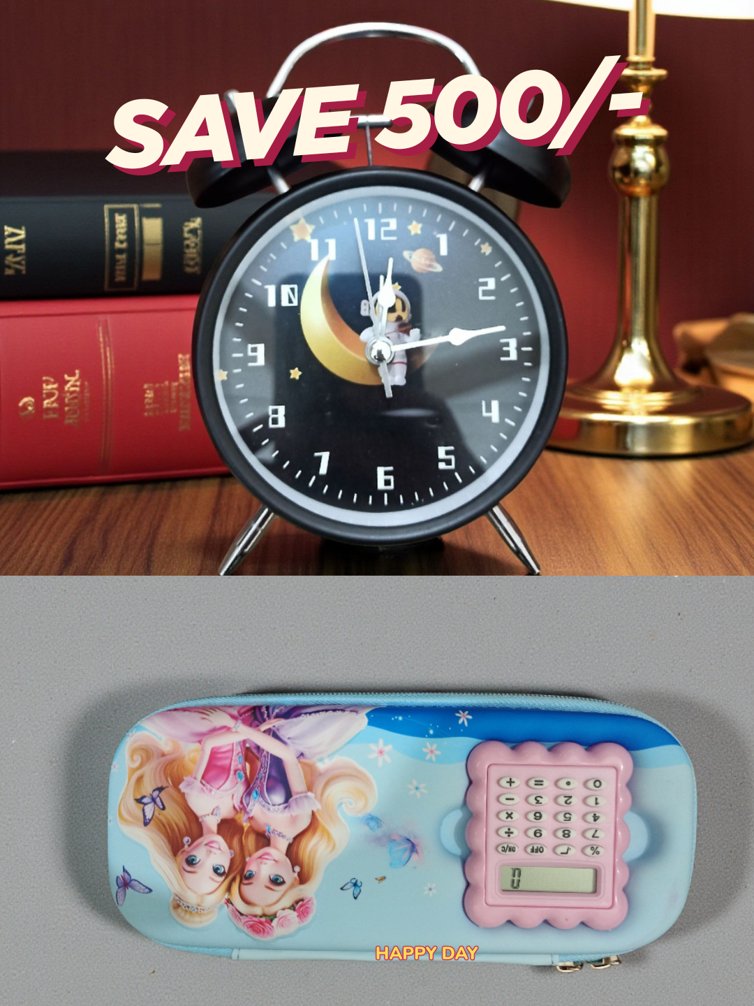 Kids Combo Offer – Cute Alarm Clock + Cartoon Pencil Box with Calculator