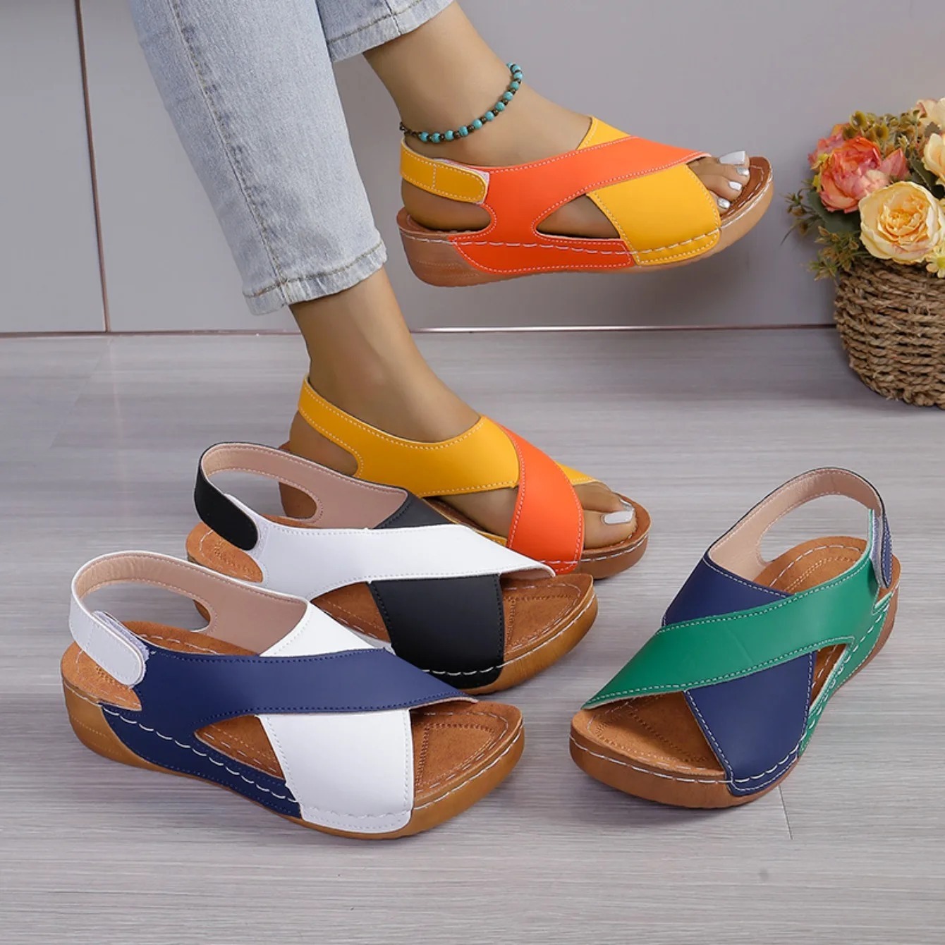 Thick Bottom Hollow out Magic Tape Sandals round Head Velvet Casual Shoes - L-03_img_6