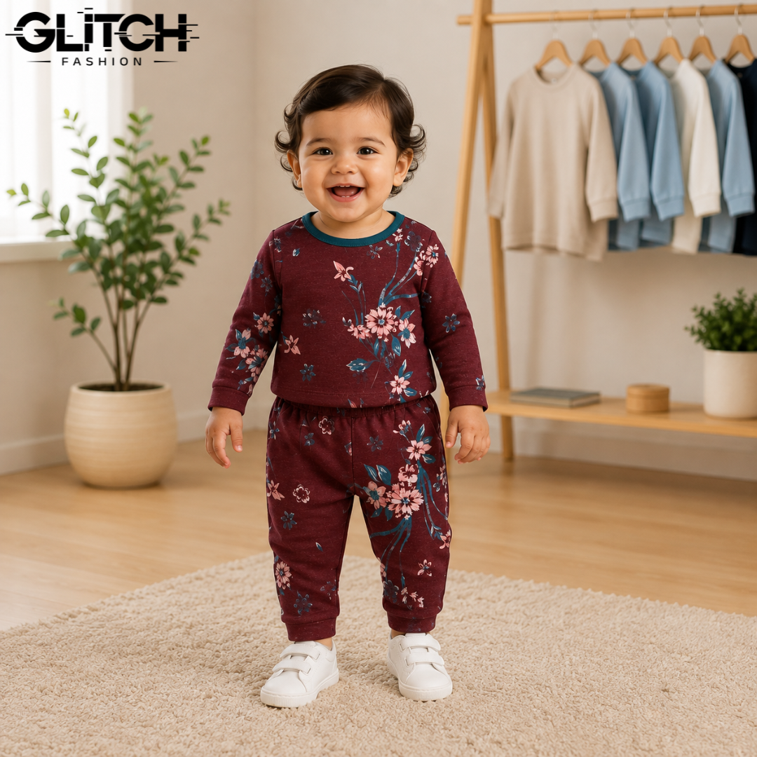 Kids Girls Maroon Floral Full Sleeve T-Shirt & Pants Set (6-18 Months)_img_1