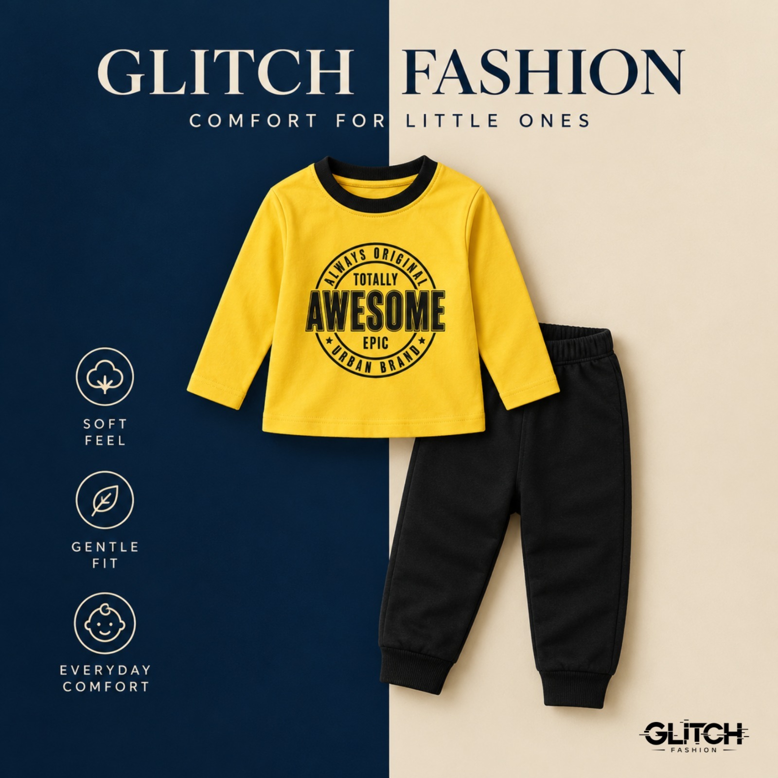 Kids Boys Yellow Full Sleeve T-Shirt & Black Jogger Pants Set (6-24 months)