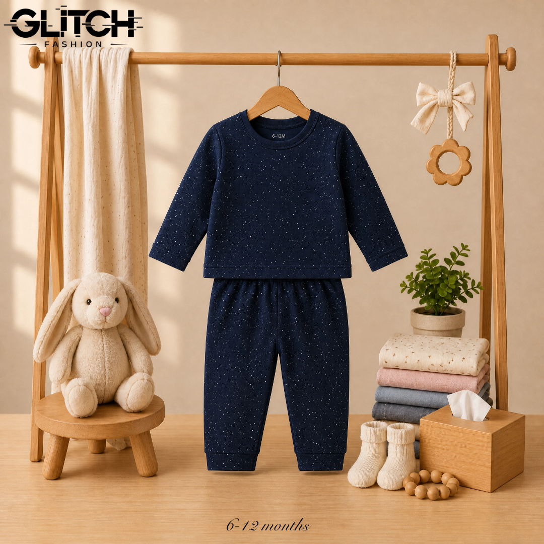 Baby Kids Navy Blue Full Sleeve T-Shirt & Pants Set | Star Print 2-Piece Outfit