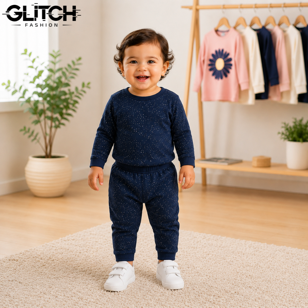 Baby Kids Navy Blue Full Sleeve T-Shirt & Pants Set | Star Print 2-Piece Outfit_img_1