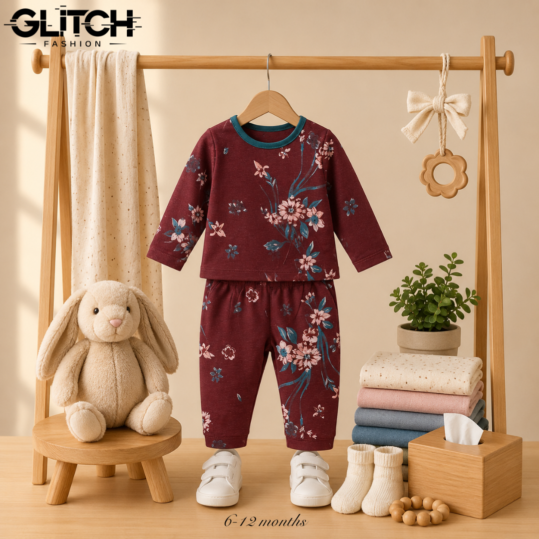 Kids Girls Maroon Floral Full Sleeve T-Shirt & Pants Set (6-18 Months)