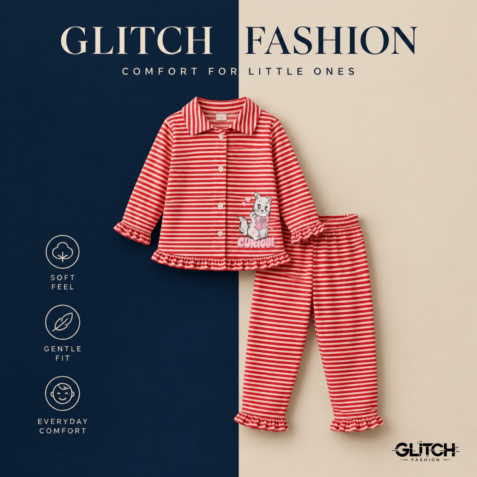 Girls Red & White Striped Full Sleeve Top & Pajama Set(6-24 months)