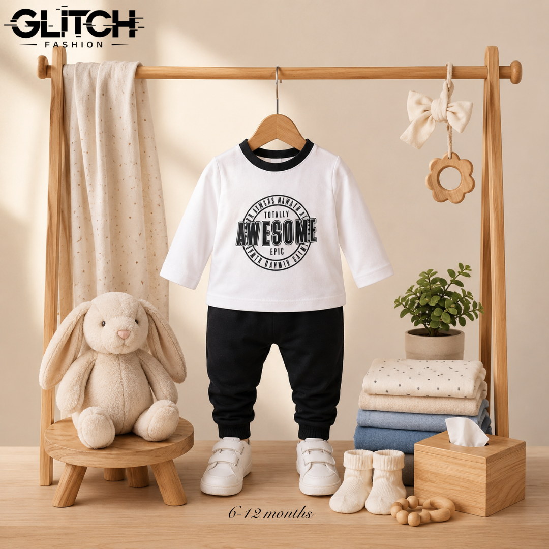Kids Boys White Full Sleeve T-Shirt & Black Jogger Pants Set (6-18 Months)