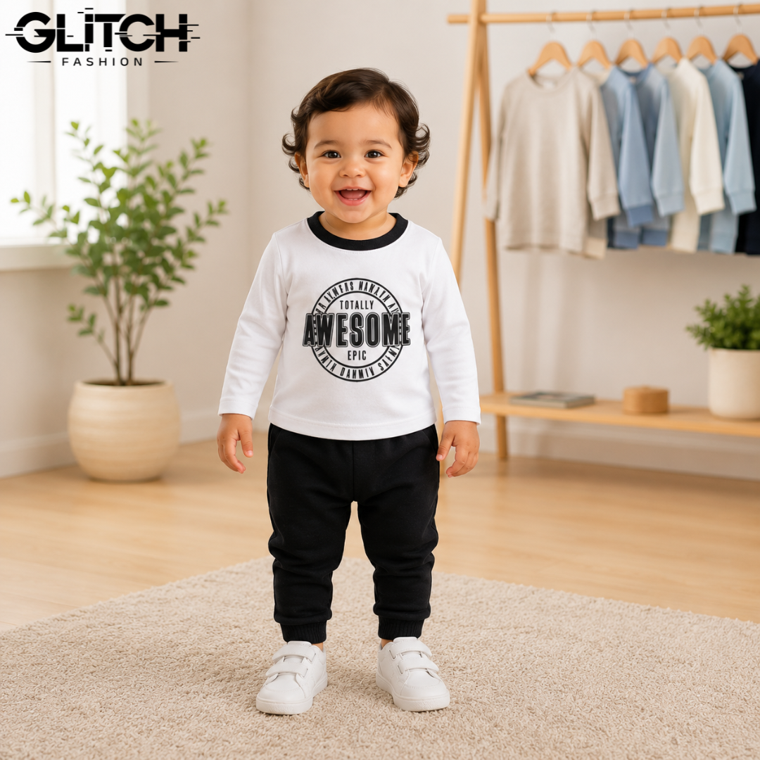 Kids Boys White Full Sleeve T-Shirt & Black Jogger Pants Set (6-18 Months)_img_1