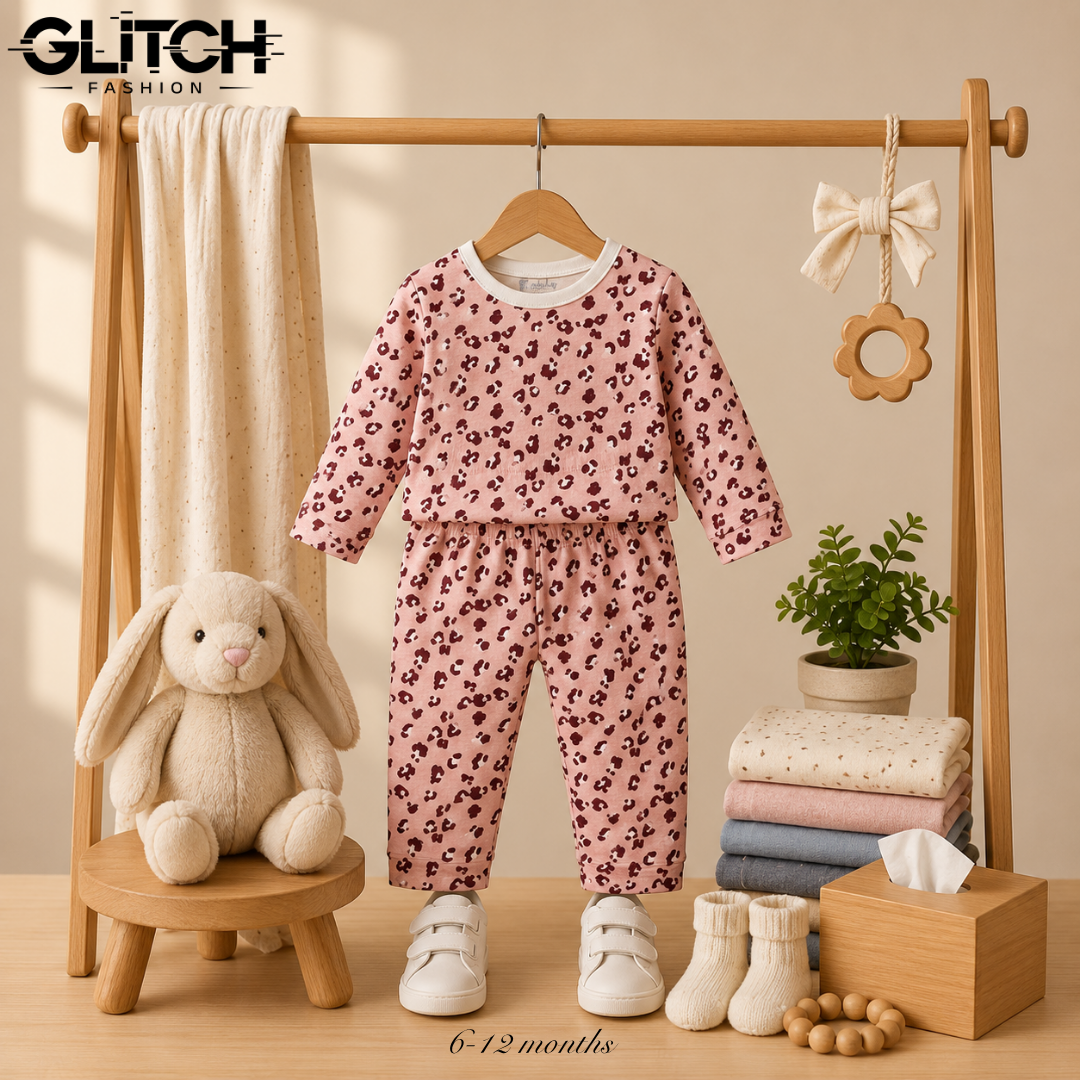 Baby Cotton Night Suit Set – Full Sleeve Kids Wear (Pink Leopard Print)