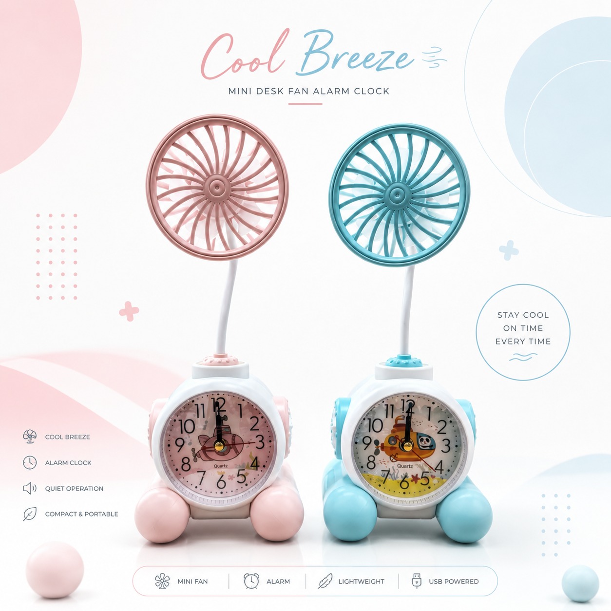 2-in-1 Fashion Fan Alarm Clock | Rechargeable USB Desk Fan & Analog Alarm Clock