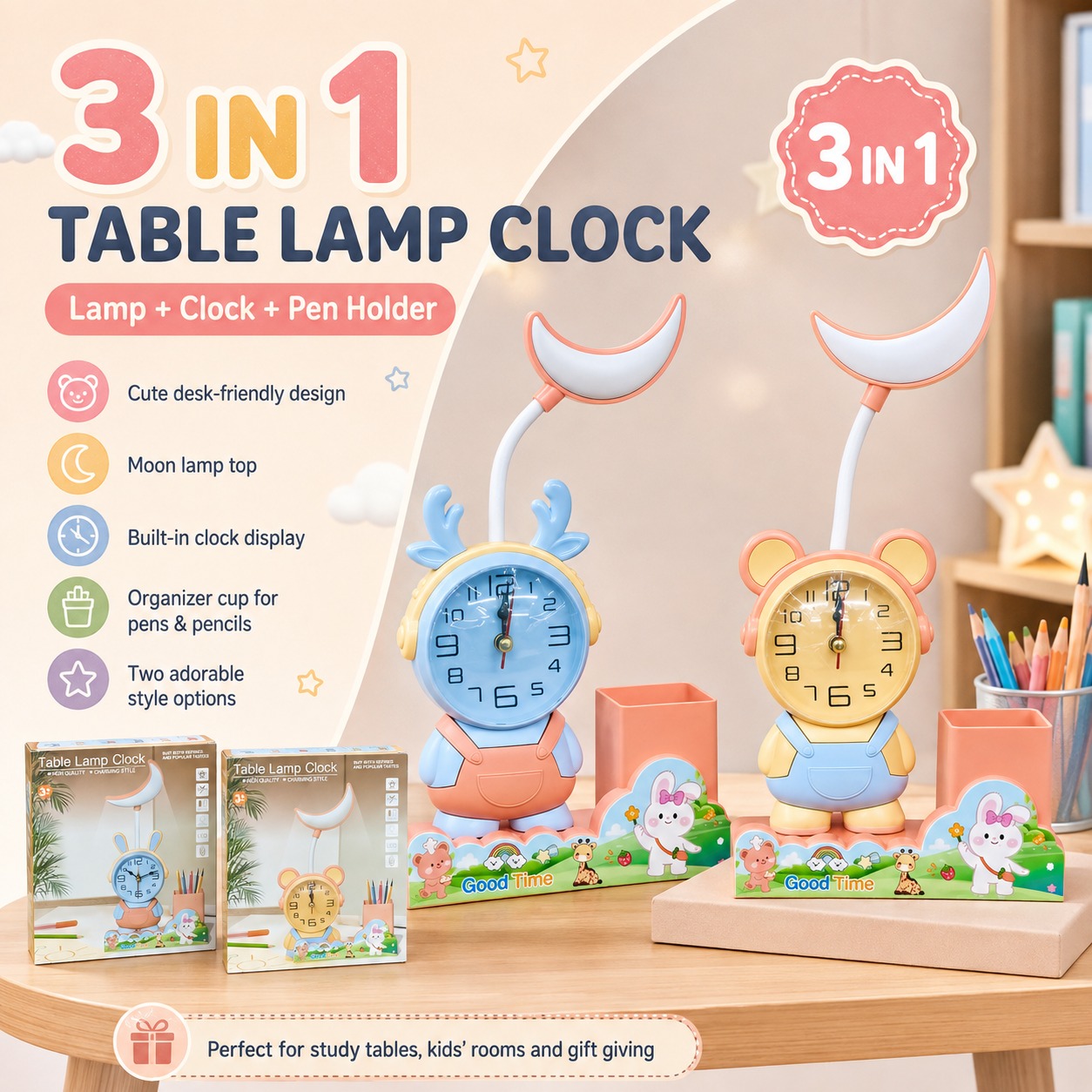 3-in-1 Cute Cartoon Desk Lamp with Analog Clock & Pen Holder