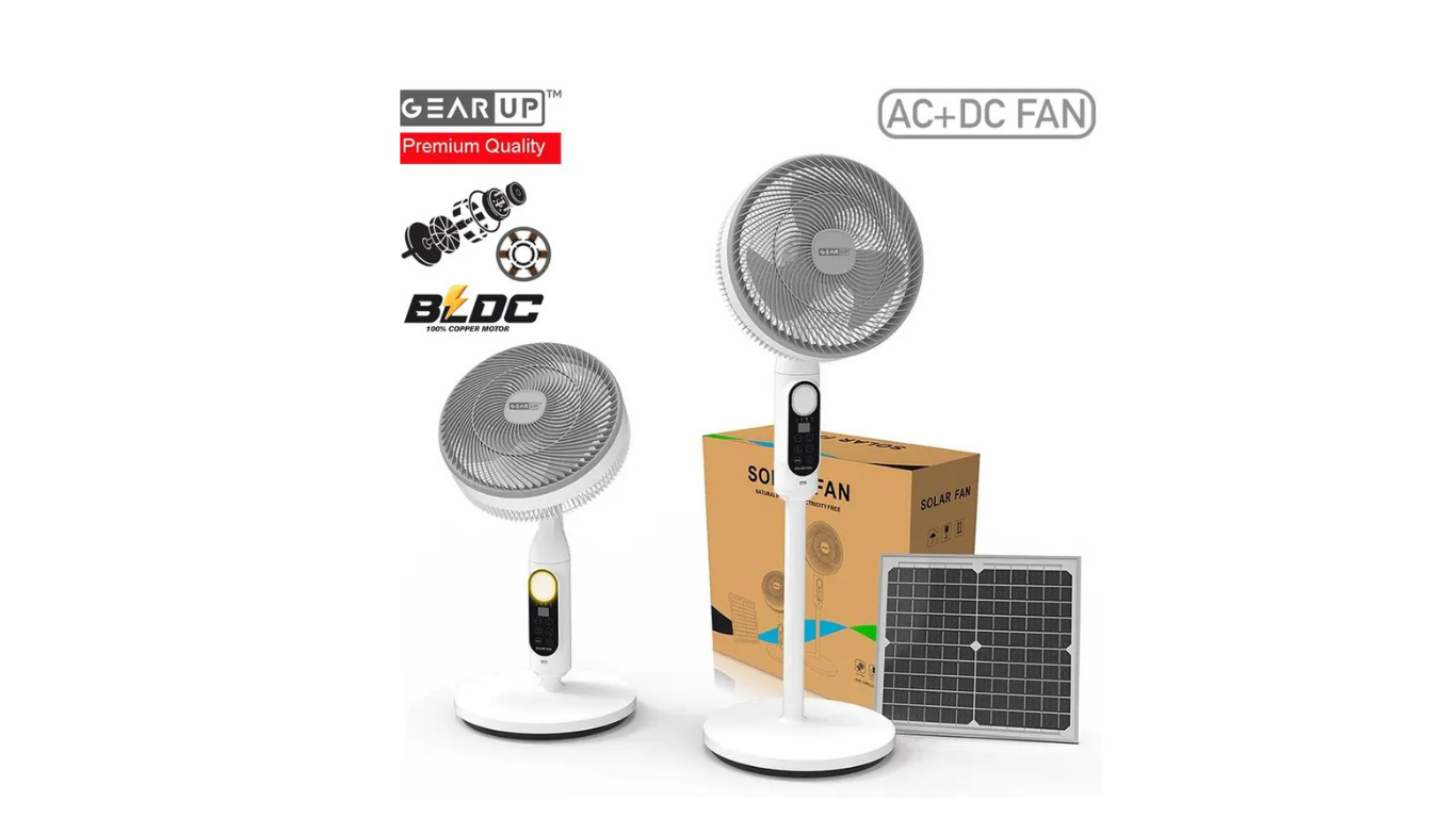 GearUP Premium Series Rechargeable BLDC Solar Stand Fan (AC+DC) – 25W Solar Panel Included