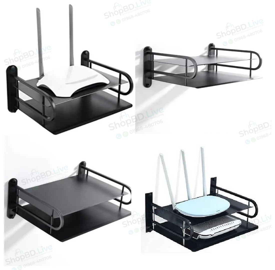2-Layer Wall Mount Wifi Router Stand (100% Metal MS) Router Stand – Metal Shelf for TV Box & Remotes, Black White