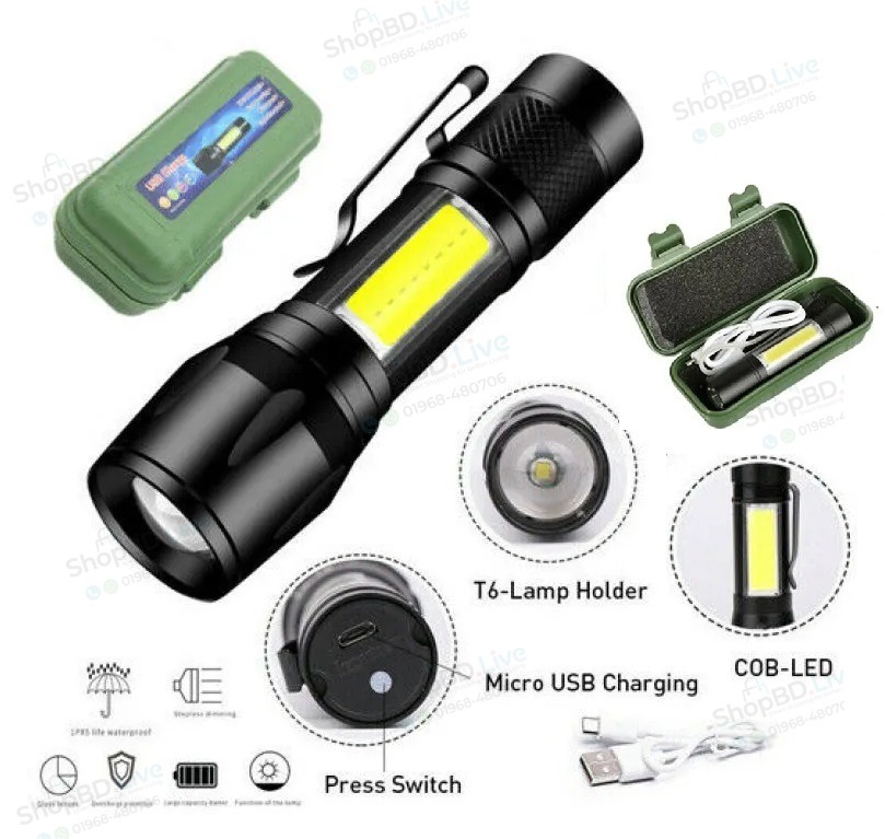 Zoom Flash Light - Rechargeable LED Mini Torch Light with COB LED & Zoom Flashlight | Price in BD