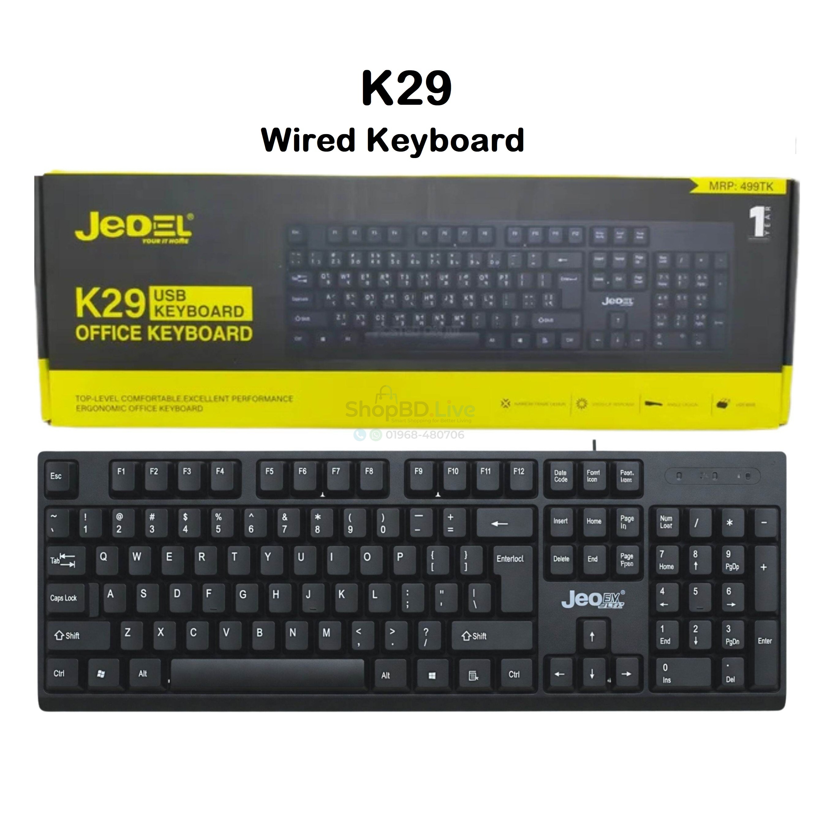 Jedel K29 Wired USB Keyboard 105 Keys English Bangla Gaming Keyboard for PC Laptop Windows Mac Computer Office Home 10 Million Keystrokes Black Keyboard_img_0