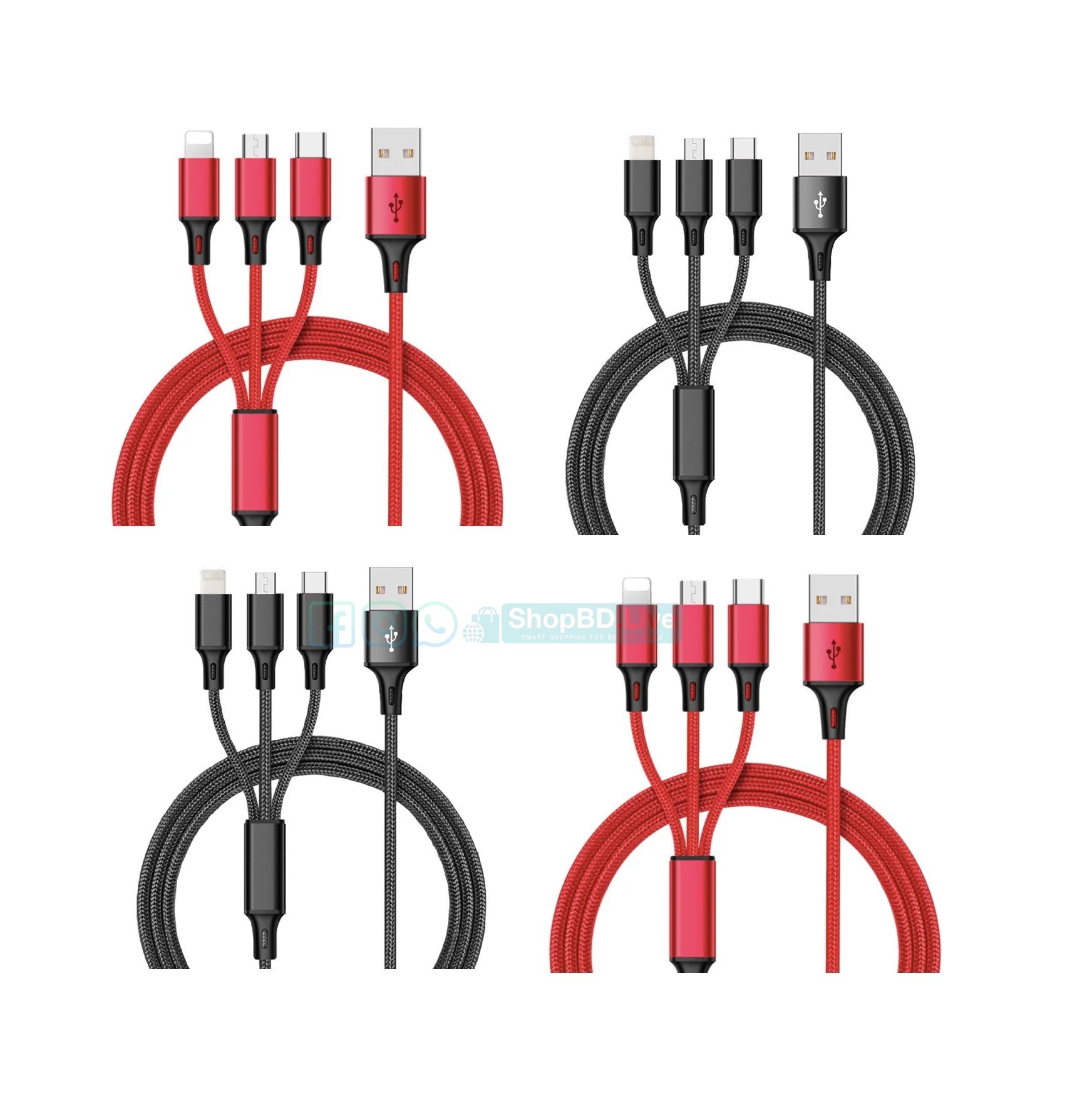 3 in 1 USB Charging Cable Fast Charger Cord Type C Micro USB iPhone High-Speed Red Black_img_0