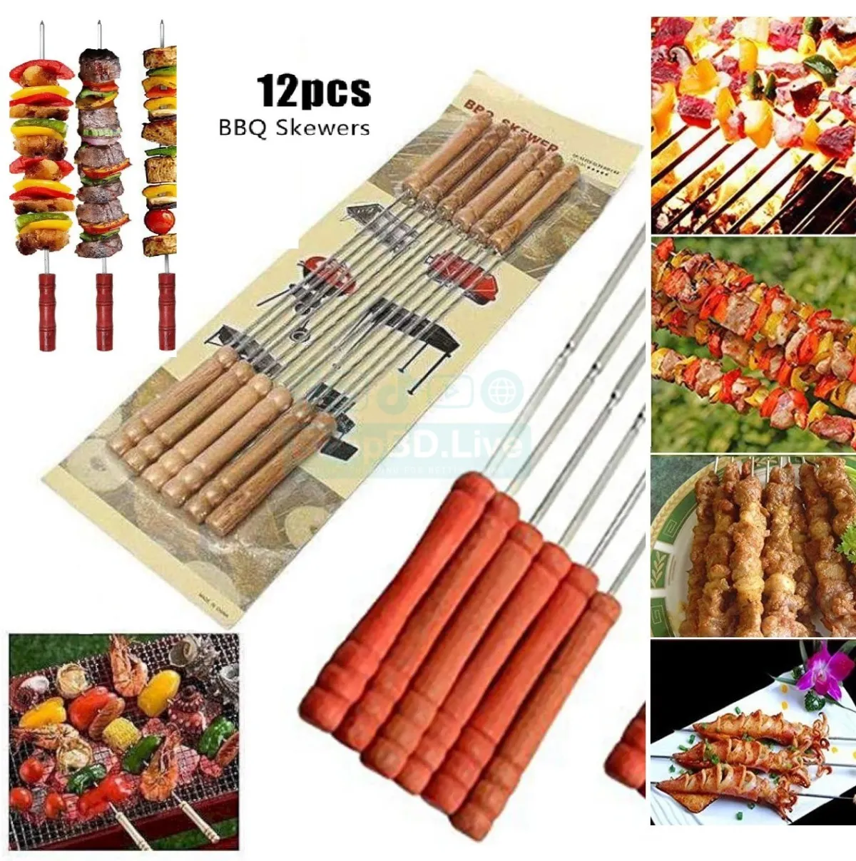 12 pcs Barbecue BBQ Grill Sticks Set - Brown Red BBQ Wooden Handle Skewers BBQ Grill Sticks 12 Pieces skewers