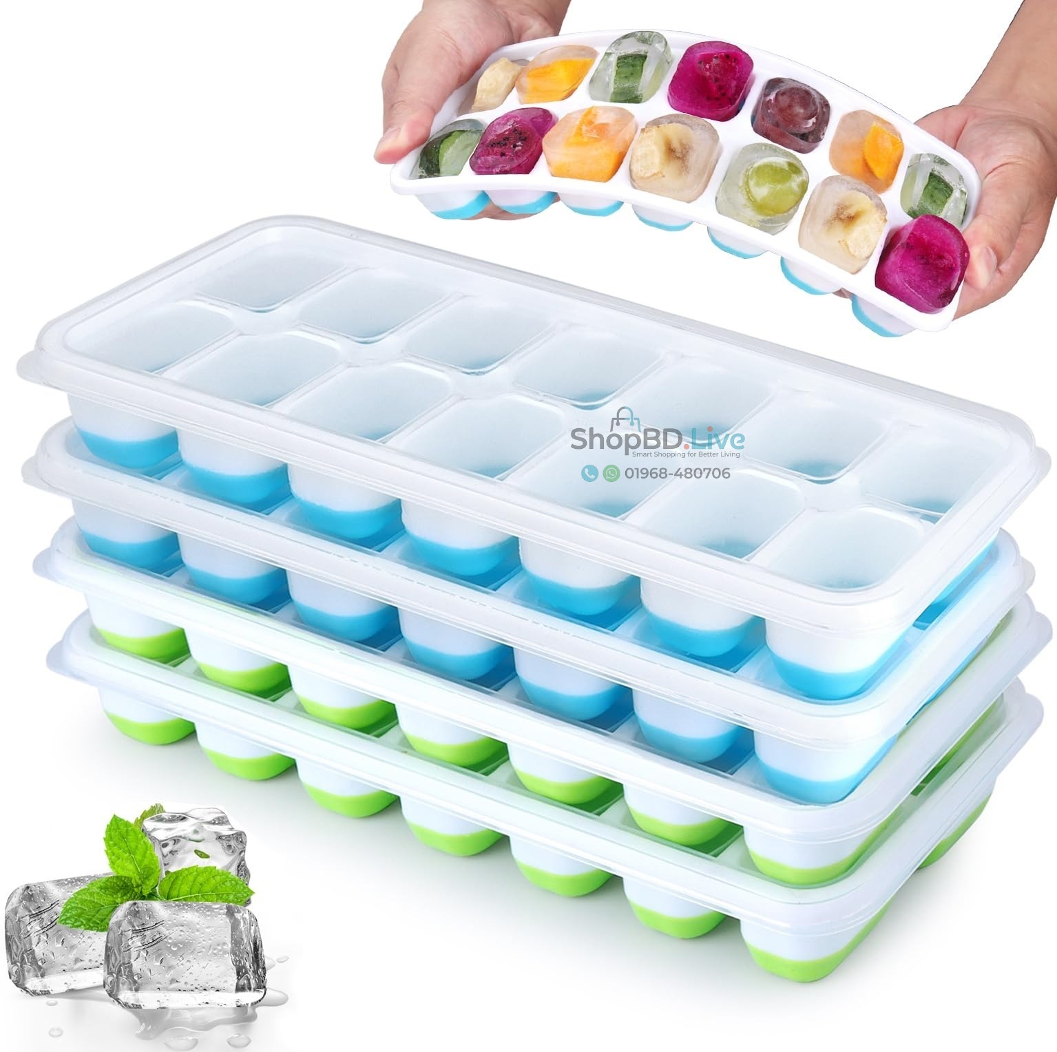Ice Cube Tray 14 Cavity Silicone Ice Maker Mold with Removable Spill Resistant Lid Flexible Easy Release Reusable BPA Free Freezer Ice Tray for Cocktails Drinks Kitchen_img_0