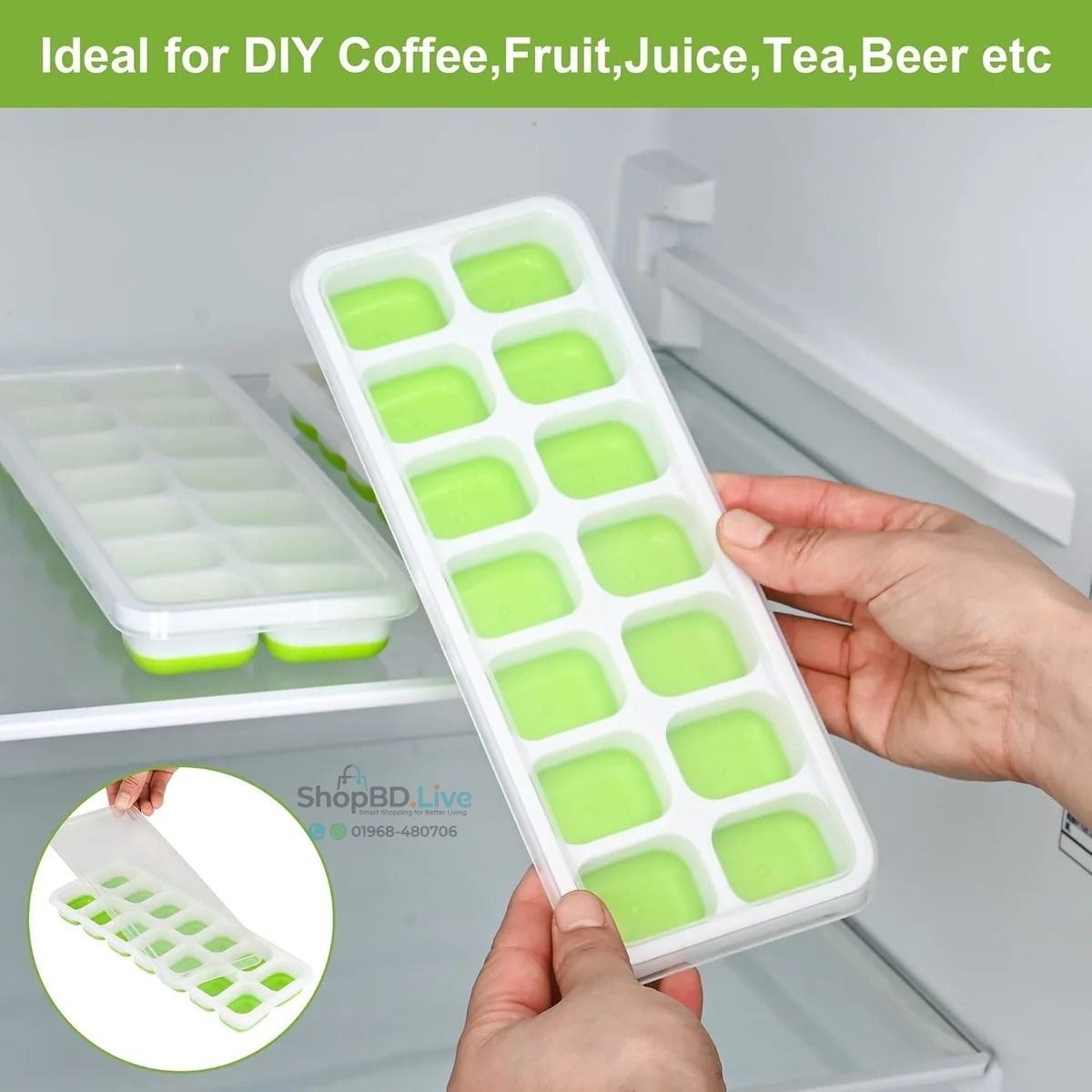 Ice Cube Tray 14 Cavity Silicone Ice Maker Mold with Removable Spill Resistant Lid Flexible Easy Release Reusable BPA Free Freezer Ice Tray for Cocktails Drinks Kitchen_img_1