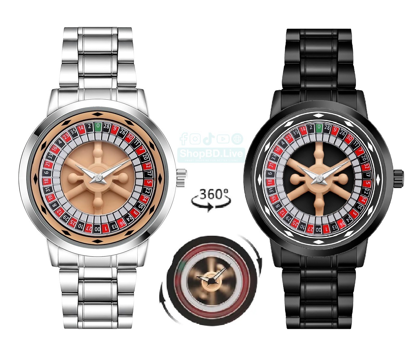 Men’s Casino Theme Watch 360° Rotating Dial Luxury Stylish Wrist Watch for Men Black Silver Wholesale_img_0