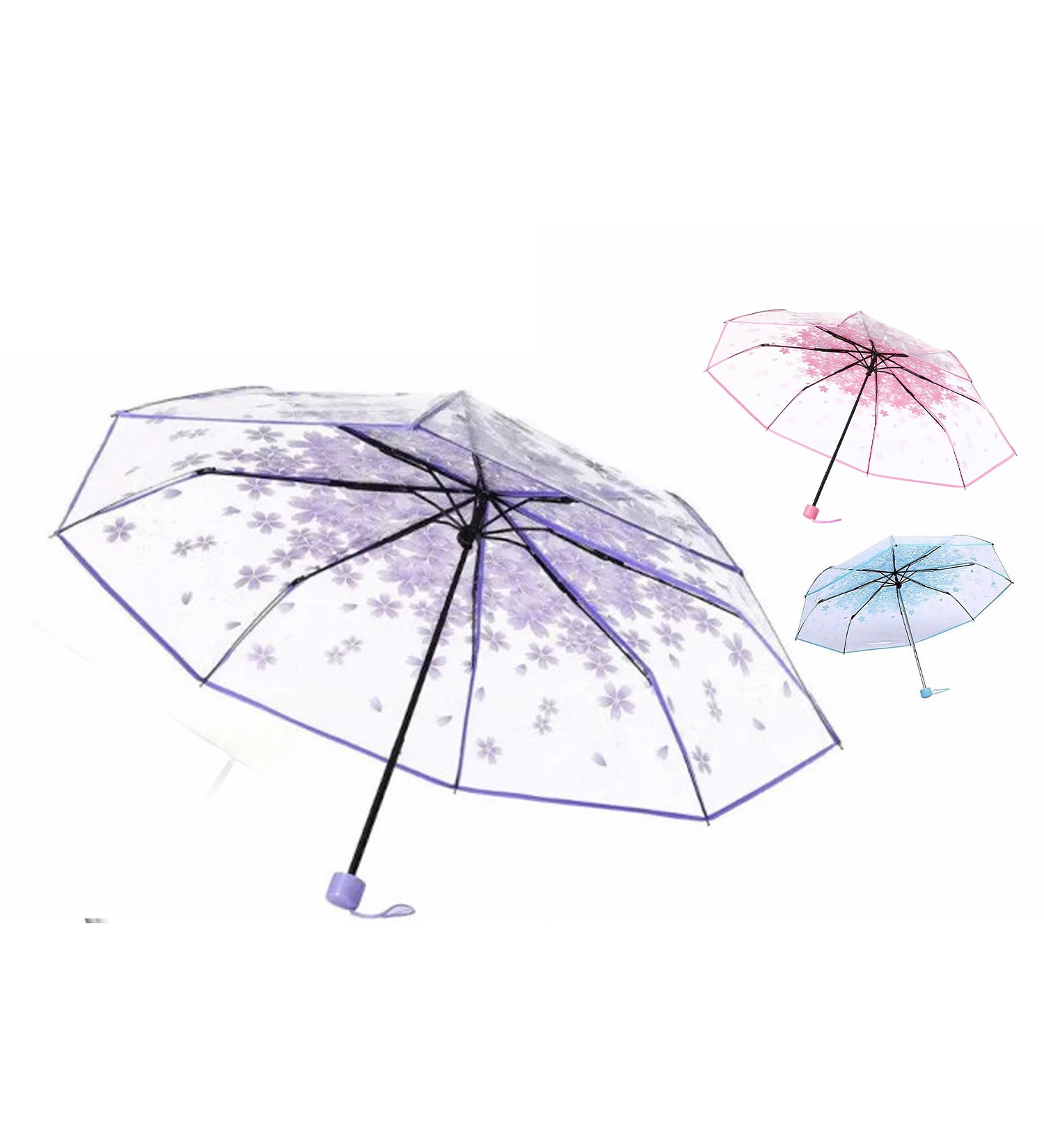 Transparent Umbrella - Cherry Blossom Korean Version Three Fold Multicolor Fully Automatic Three-fold Transparent Umbrella Clear Folding Umbrella Automatic Open and Close Travel Umbrellas for Rain_img_0